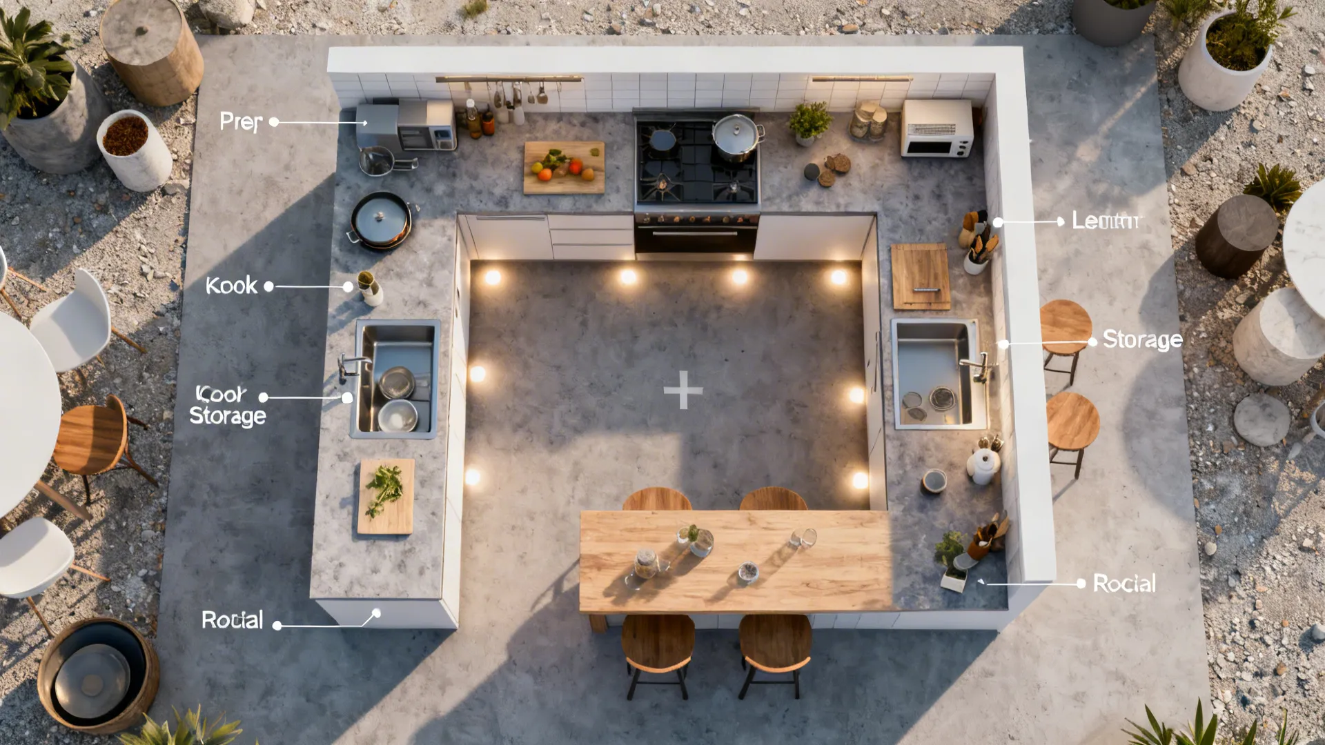 Top-down concept of a compact kitchen design center with zones and lighting positions.