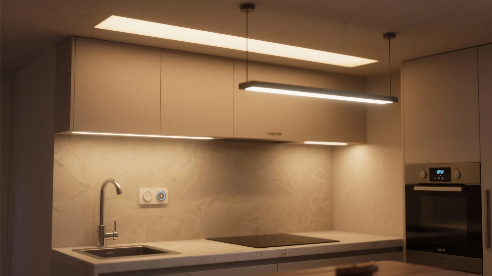 Kitchen counter with a sink stove oven marble back wall and a black ceiling light