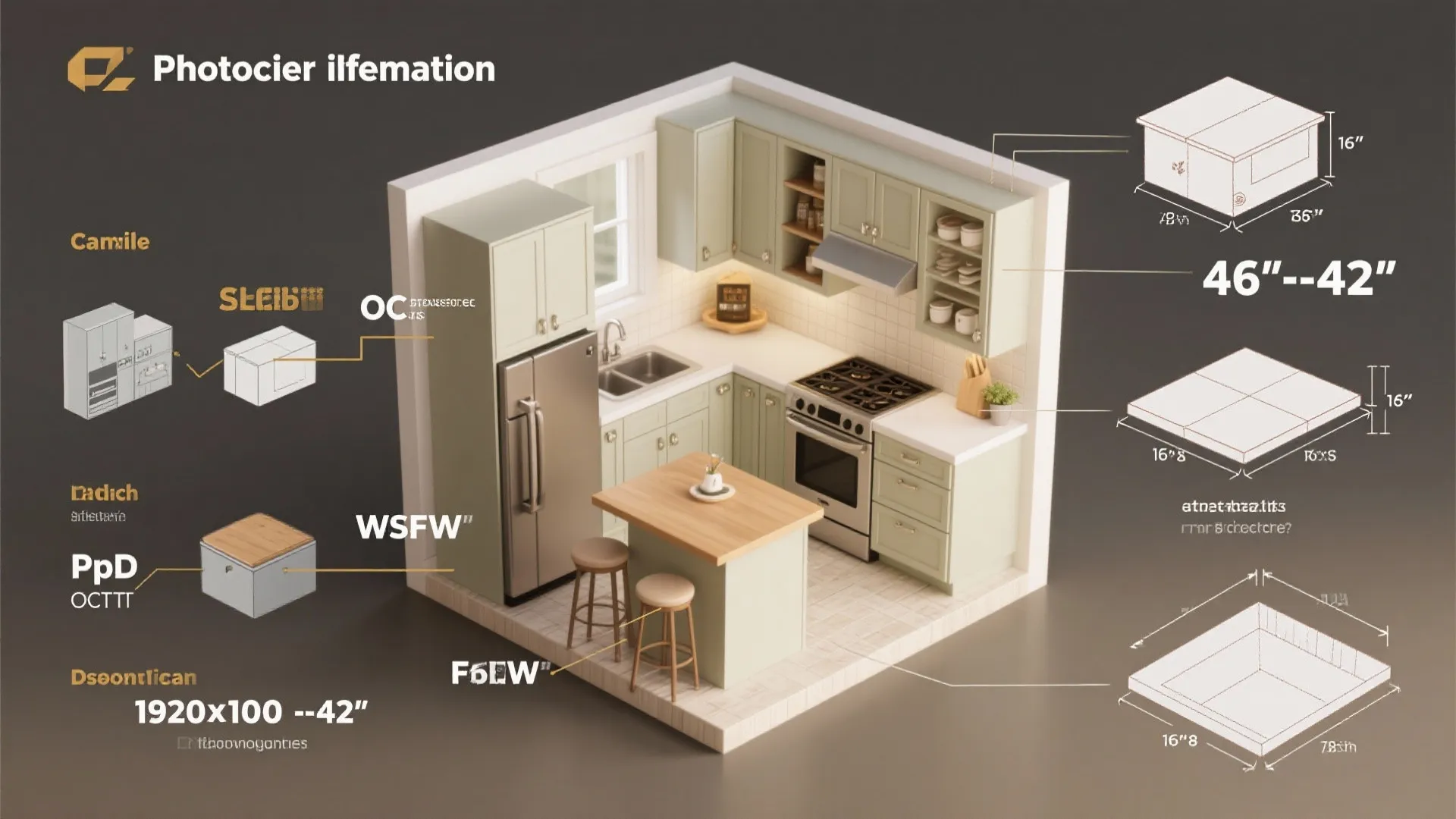 Top-down infographic of small kitchen planning tips showing clearances, vertical storage and island dimensions.