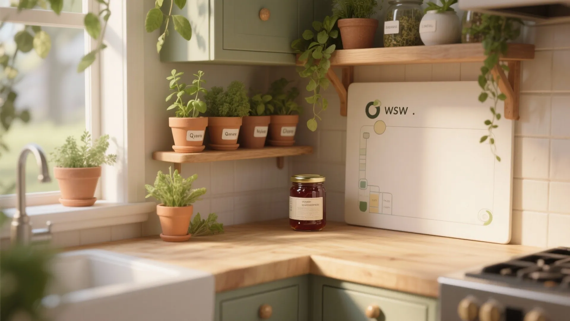 Cozy kitchen corner with labeled herb pots and a jar of jam, space for FAQ text overlay.