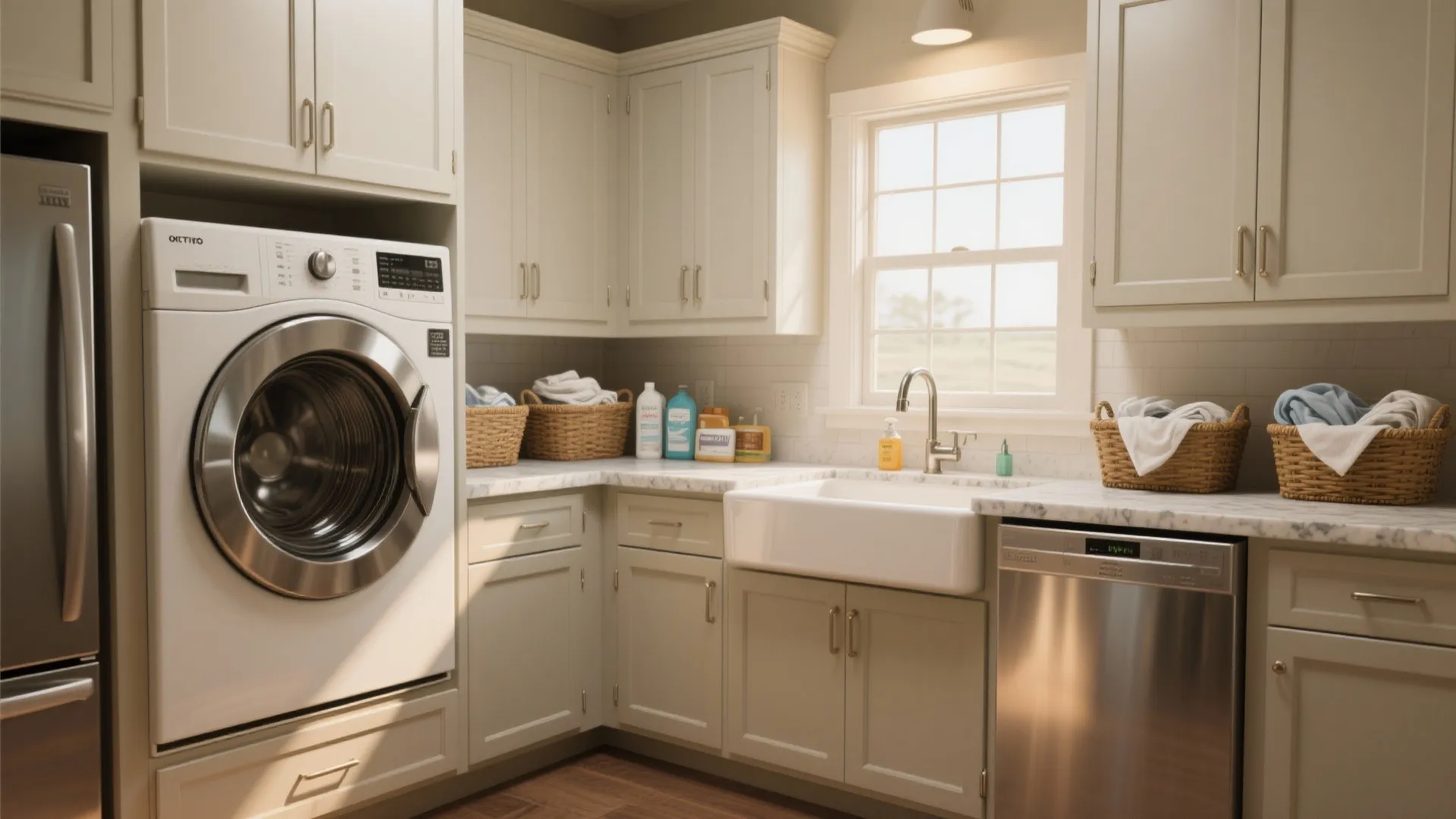 Modern laundry room with light grey cabinets white washing machine sink window and two baskets