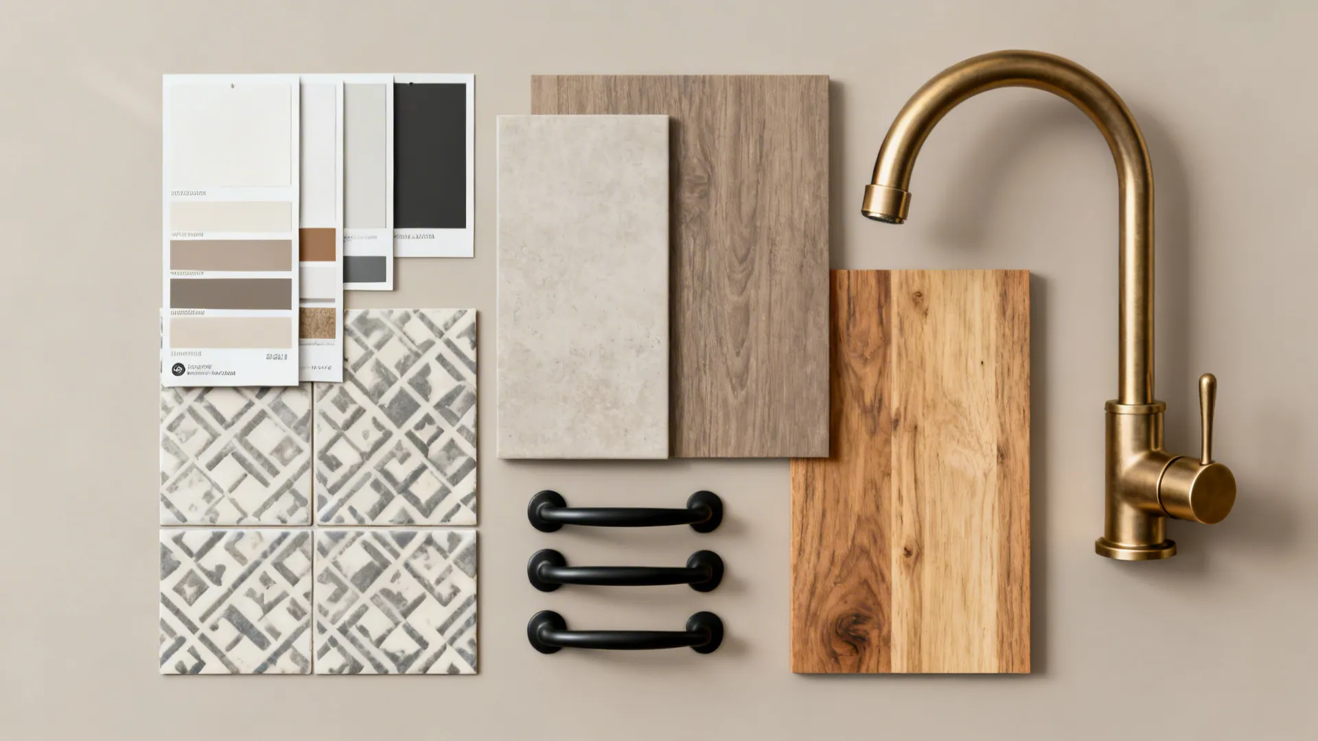 Flatlay of paint swatches, peel-and-stick backsplash samples, and matte black hardware for a kitchen refresh