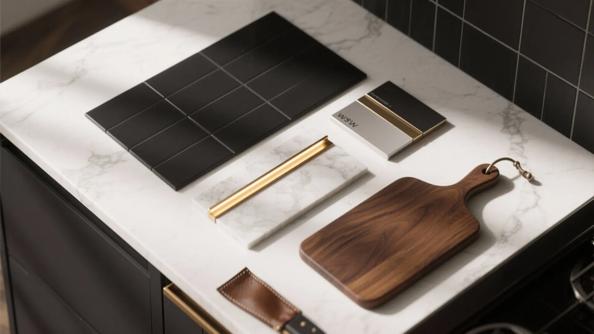Kitchen design samples on white marble counter with black tiles gold handle and wooden cutting board