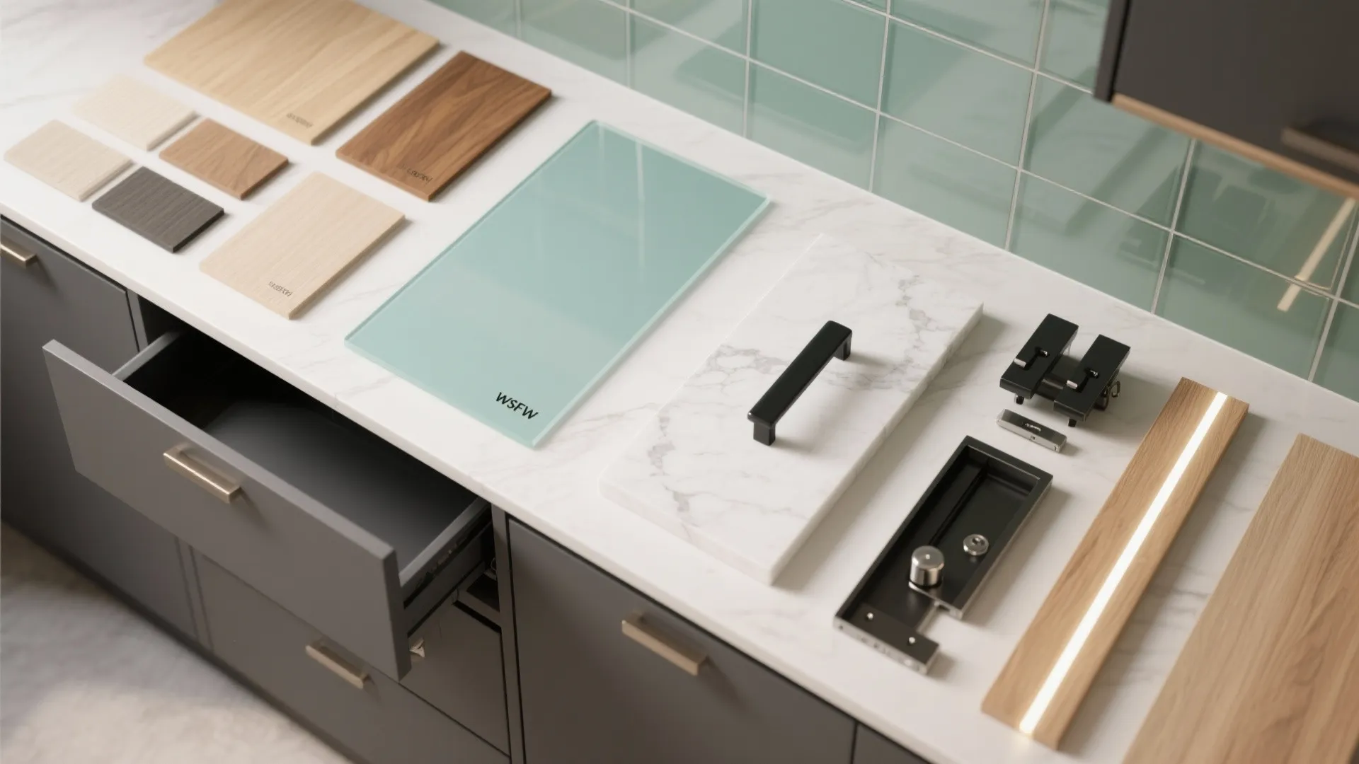 L-shaped modular kitchen with smart storage and a glass backsplash