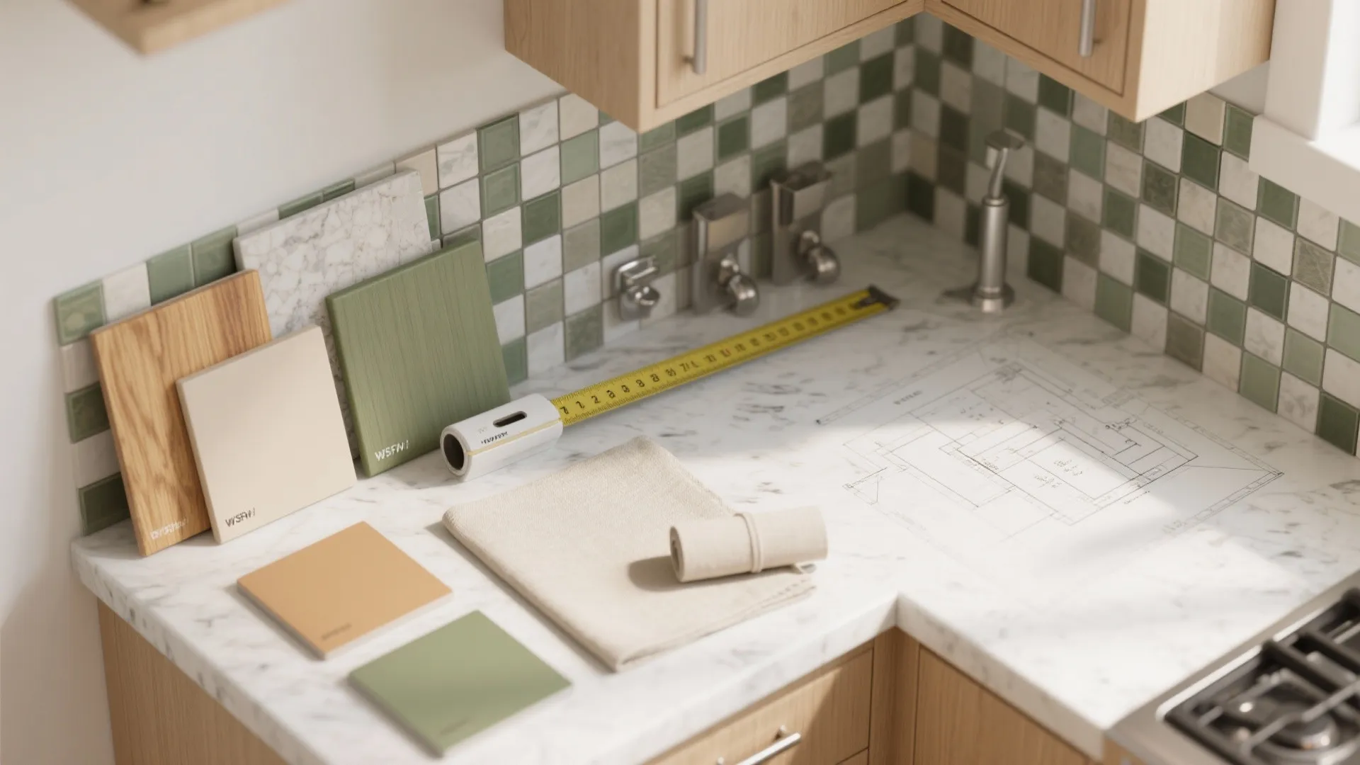 Kitchen marble countertop with interior design drawing color tiles measuring tape and green checkered wall tile