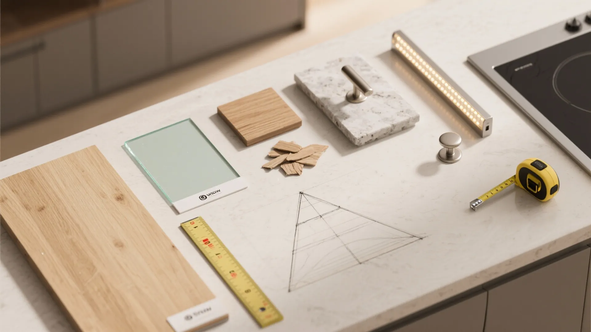 Kitchen design materials with wood samples glass stone light fixture handles and yellow tape measure