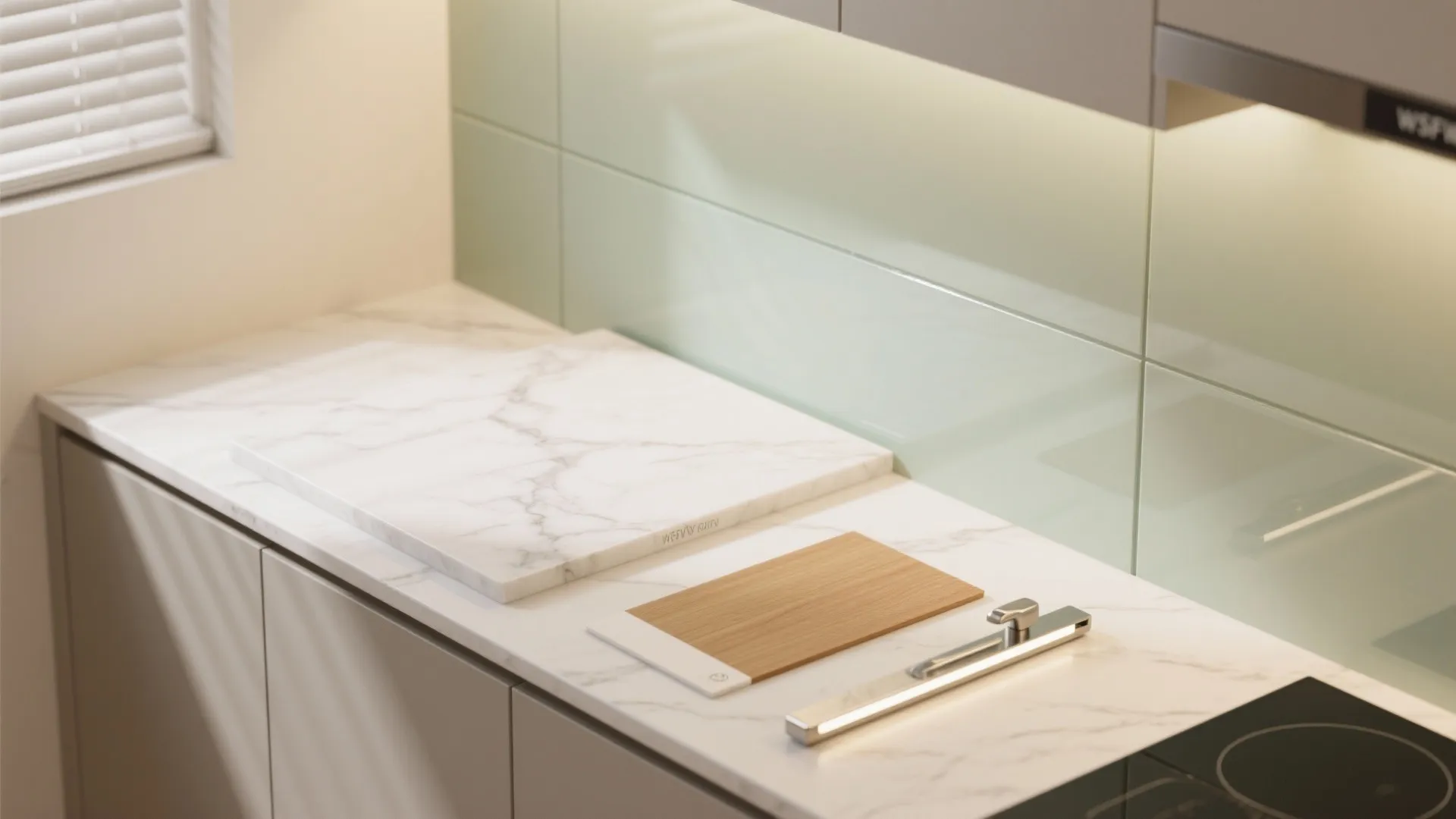 2) Minimalist Kitchen Storage with a Light-Bouncing Backsplash