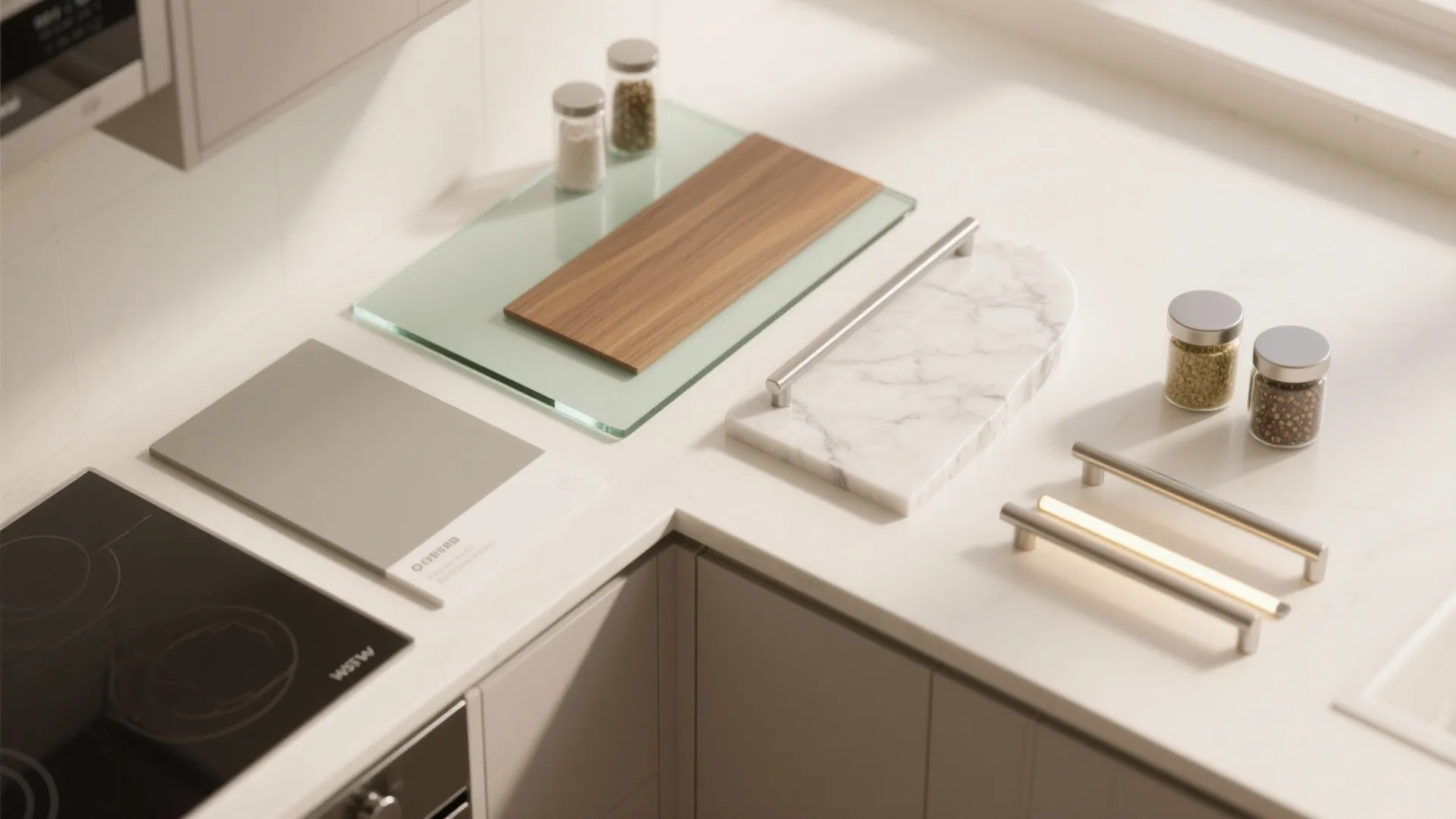 L-shaped kitchen with tall pantry and easy-to-clean glass