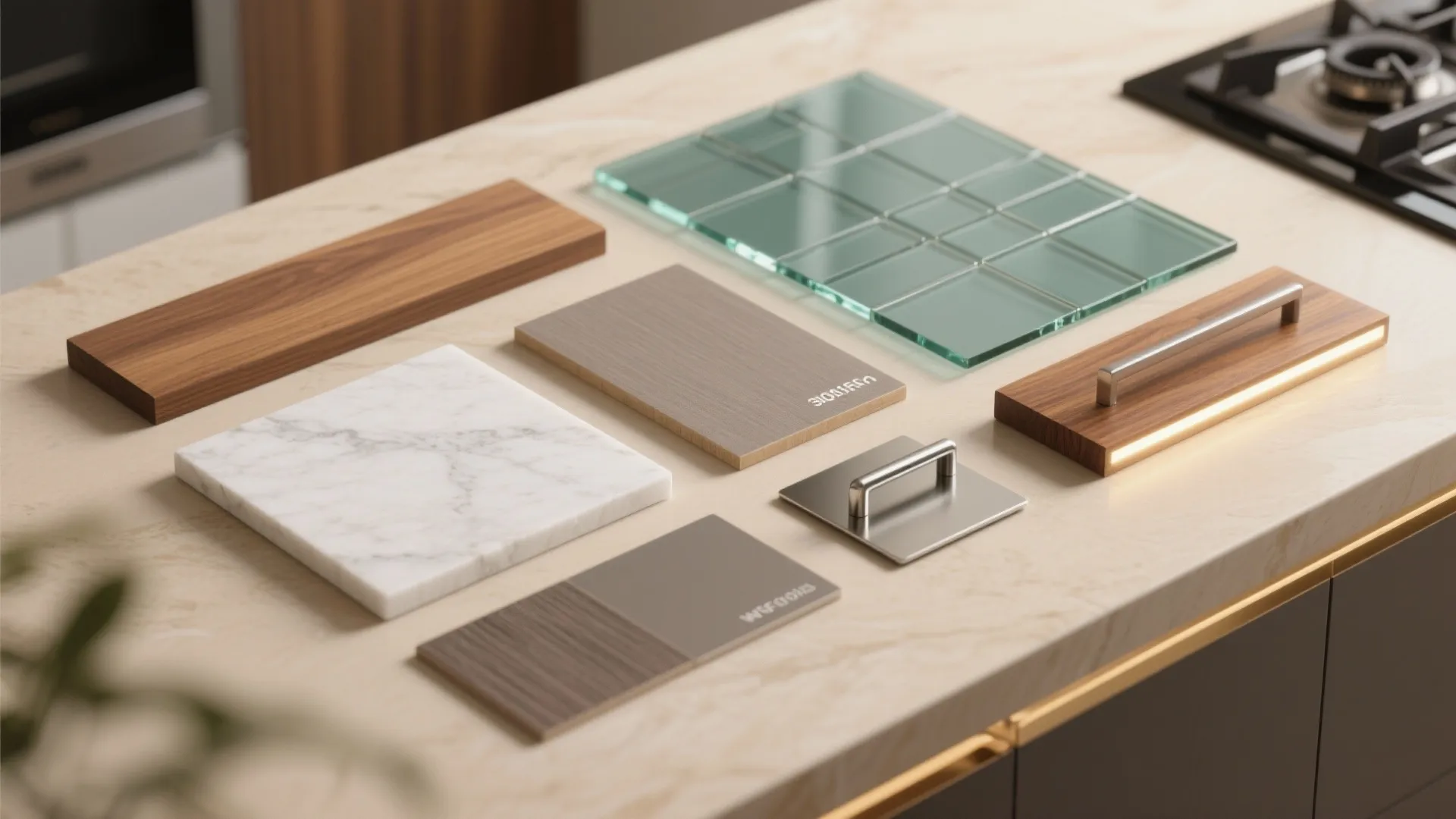 Flatlay of Chennai kitchen materials: quartz, marine plywood, HPL, tempered glass, stainless steel, teak veneer.