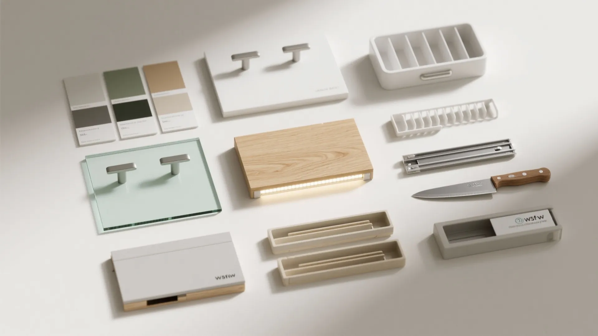 Flatlay display of kitchen design materials color samples metal handles wooden blocks and small organizers