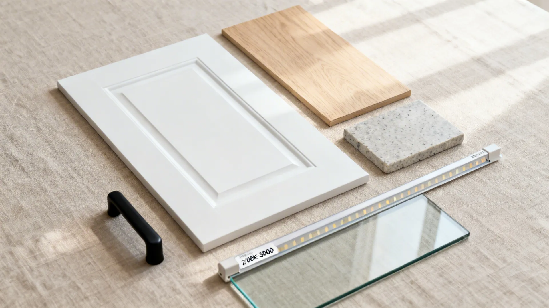 Flat lay of matte white door, oak veneer, stone chip, low-iron glass, LED strip, and a slim pull.