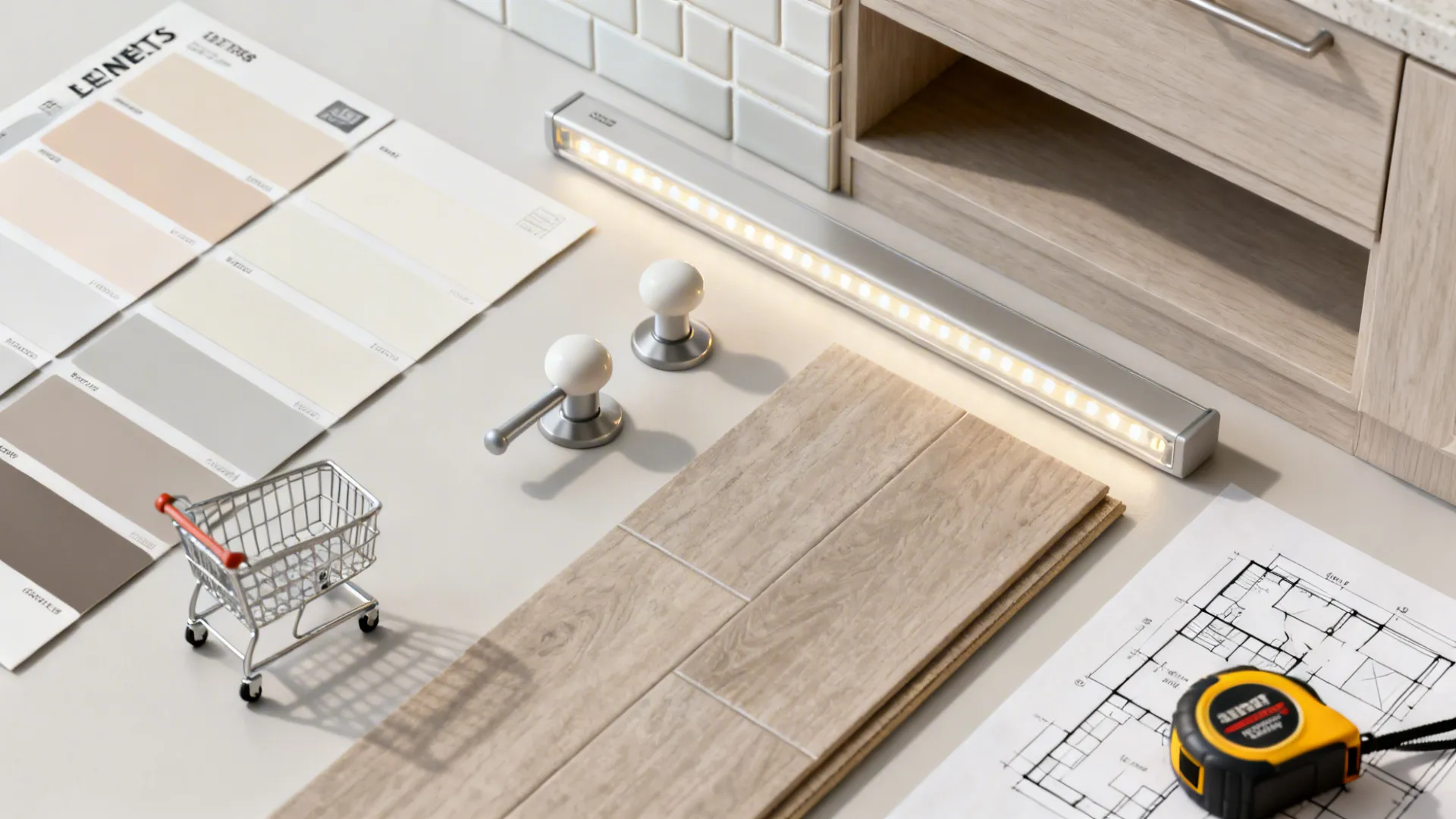 Flatlay of paint swatches, peel-and-stick tile, LED strips and hardware for affordable small kitchen refreshes