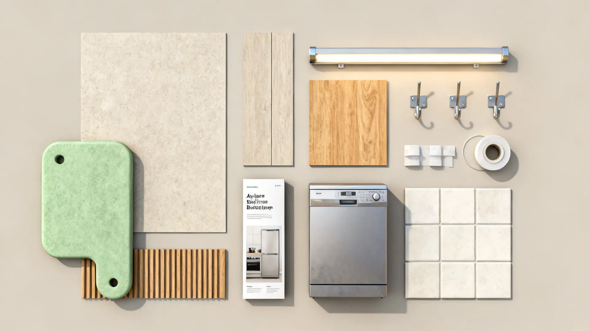 Flatlay of small-kitchen material samples and renter-friendly tools for low-cost upgrades.