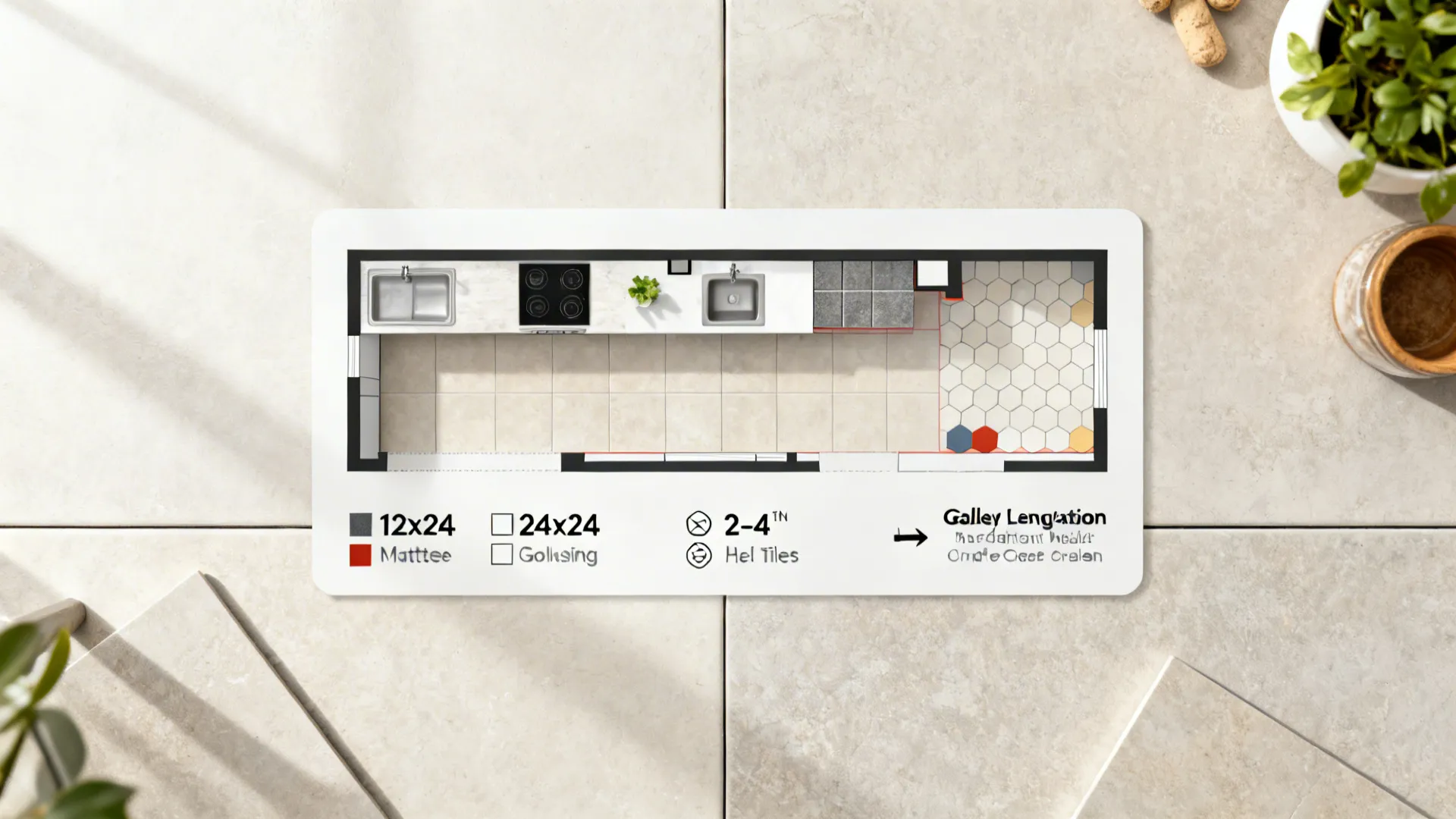 Top-down kitchen plan visualizing tile sizes, slip resistance, and layout flow.
