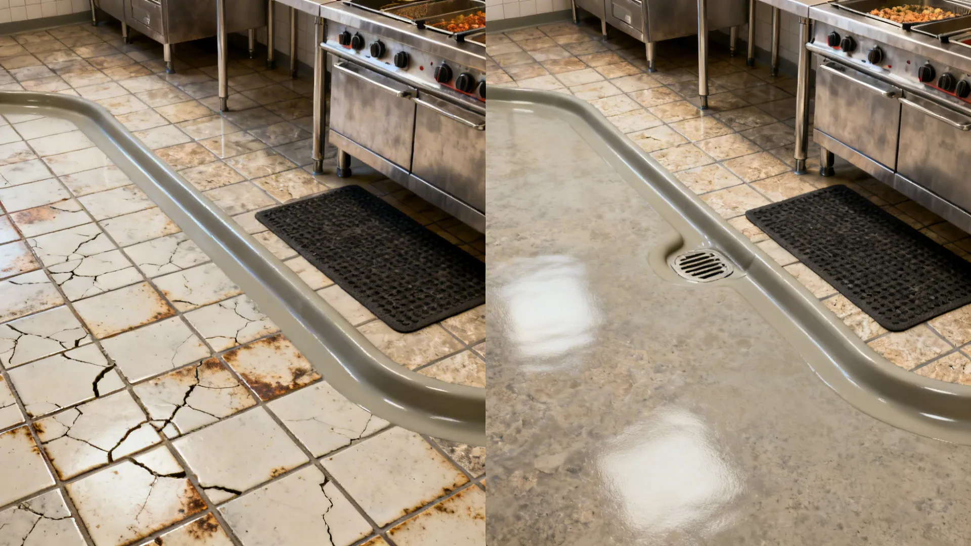 Comparison of old cracked kitchen tiles and a new smooth grey floor with a drain