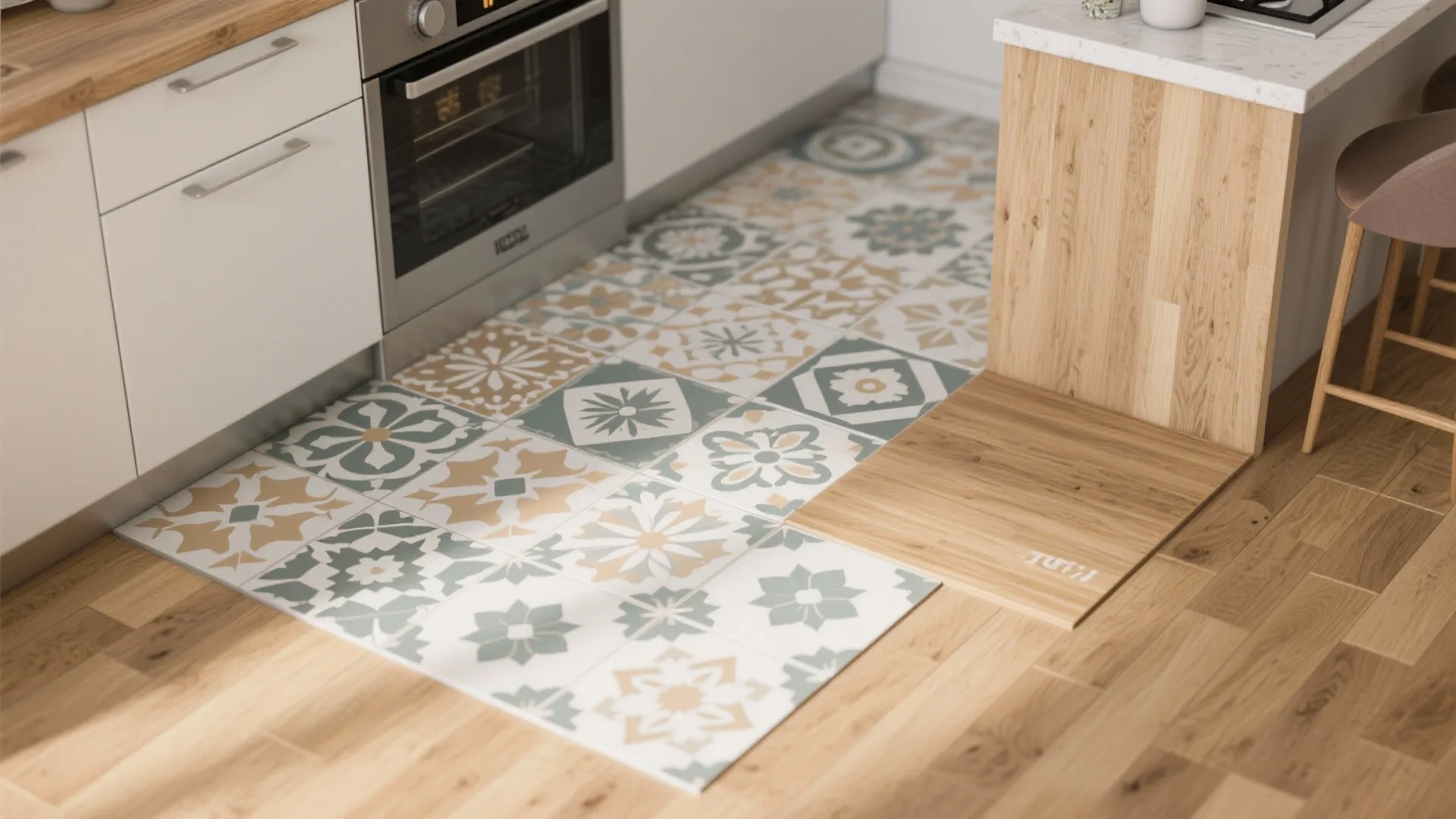 Flatlay of wood flooring sample next to patterned kitchen tile