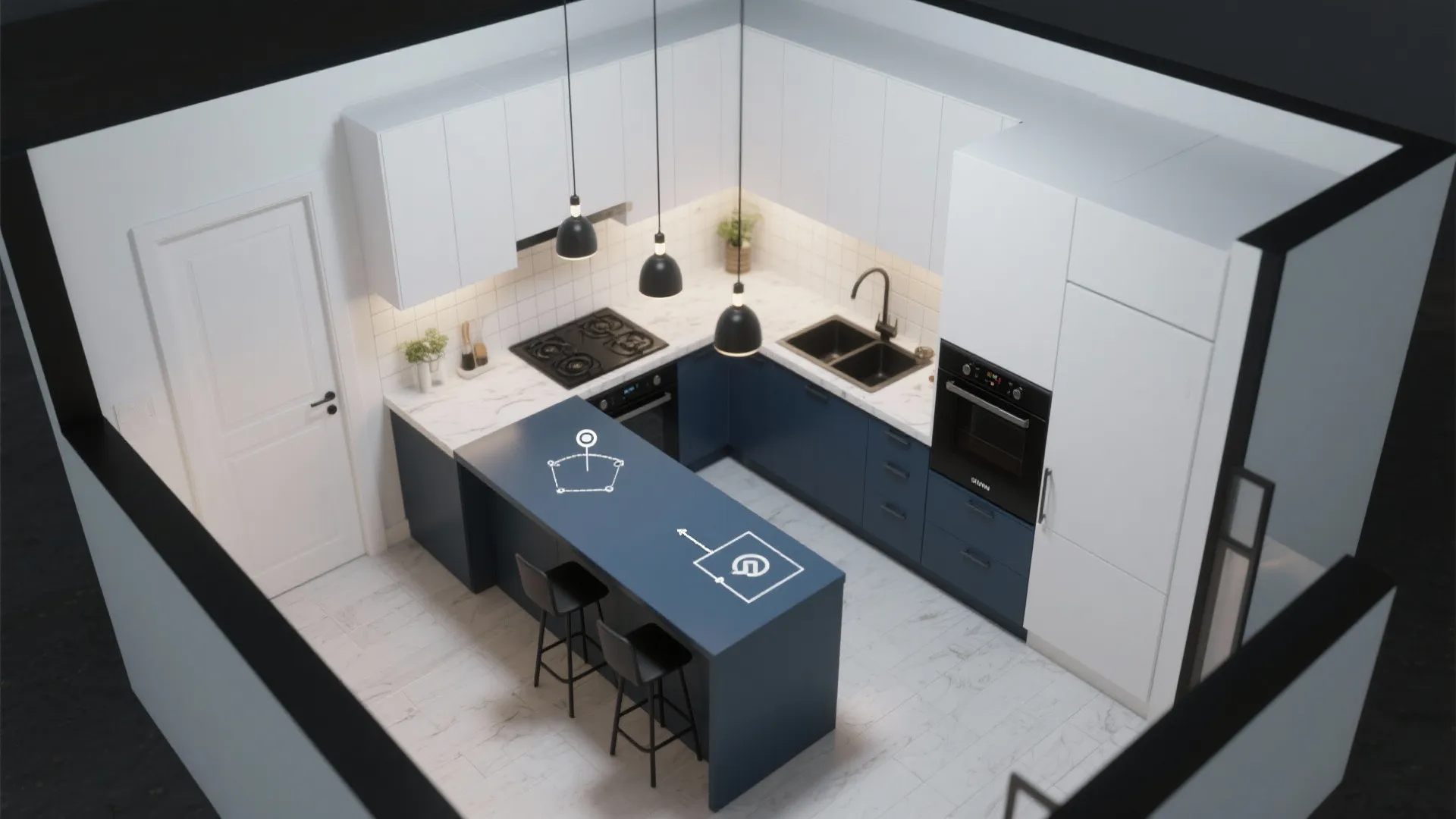 Modern 3D kitchen layout design with blue cabinets white walls black appliances and breakfast bar