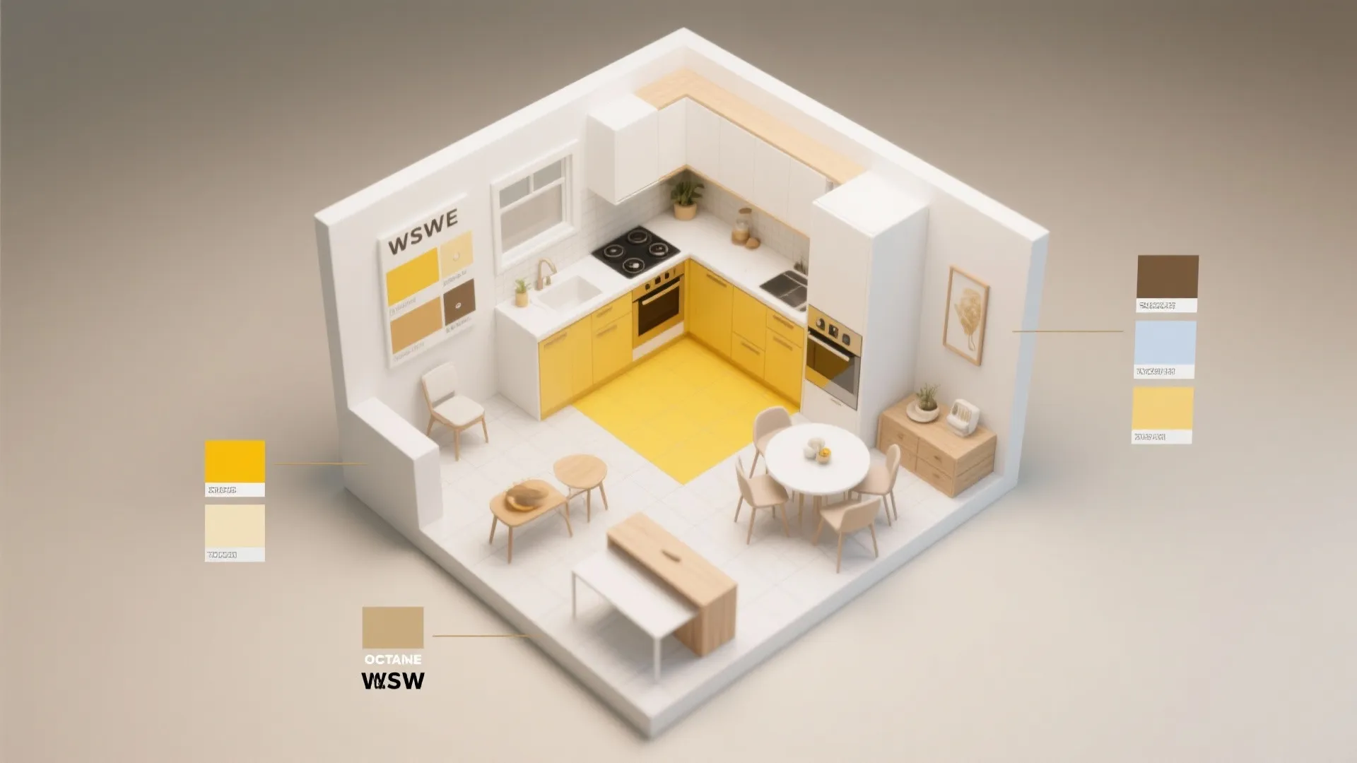 Top-down kitchen mockup showing yellow accent zones and white swatch comparisons