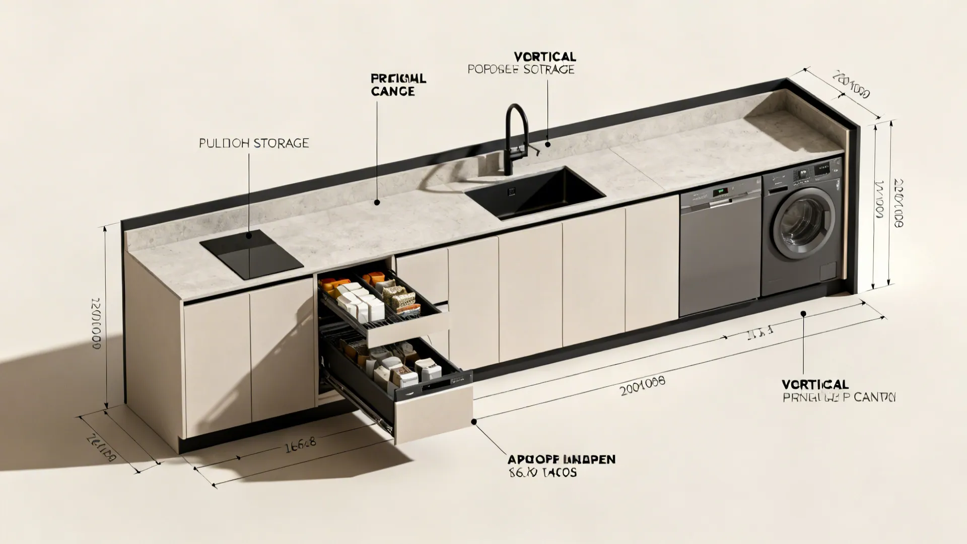 Interior design drawing of kitchen counter featuring sink dishwasher washing machine and pull out drawers