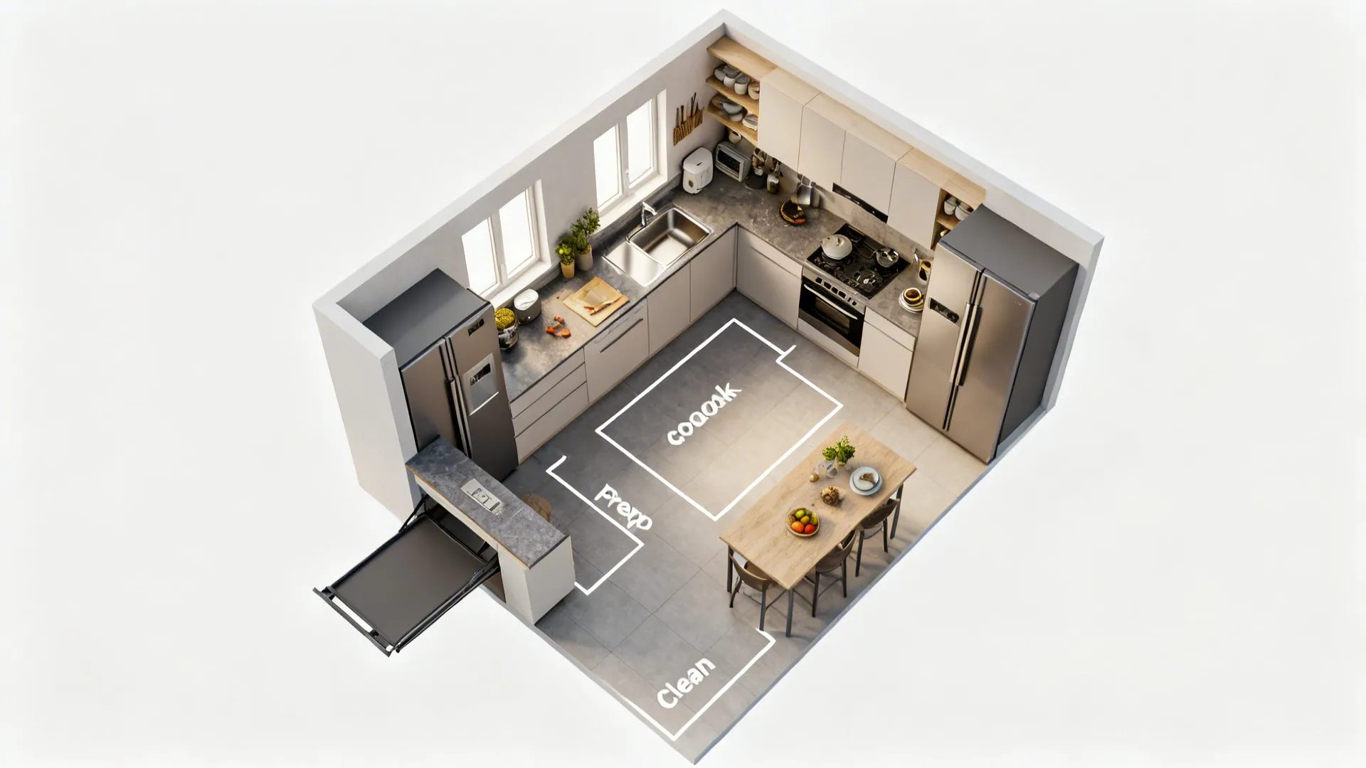Top-down 3D floor plan of a small kitchen highlighting circulation and functional zones