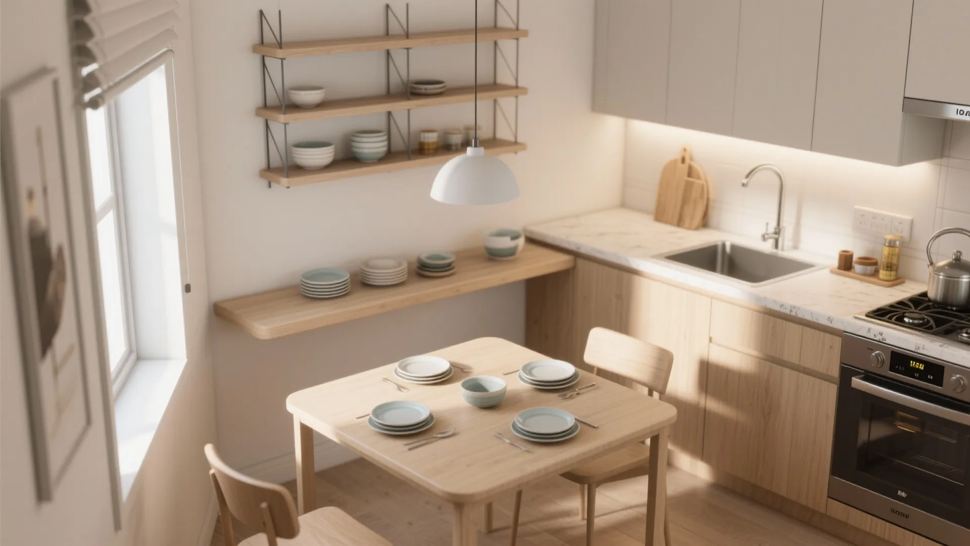 Small dining table placed adjacent to a kitchen corner with a slim console and open shelving showing efficient serving flow.