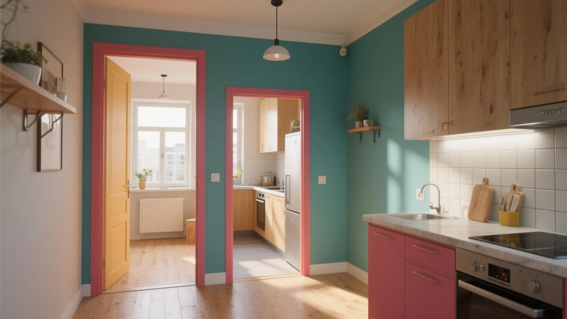Connected rooms with coordinating accent color tying a small living area to a kitchen.
