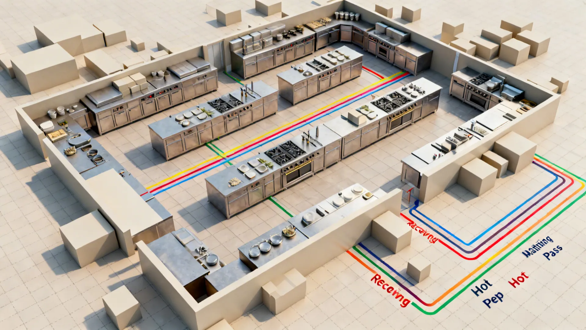 Top-down schematic of hotel kitchen flows between zones and parallel lines without text