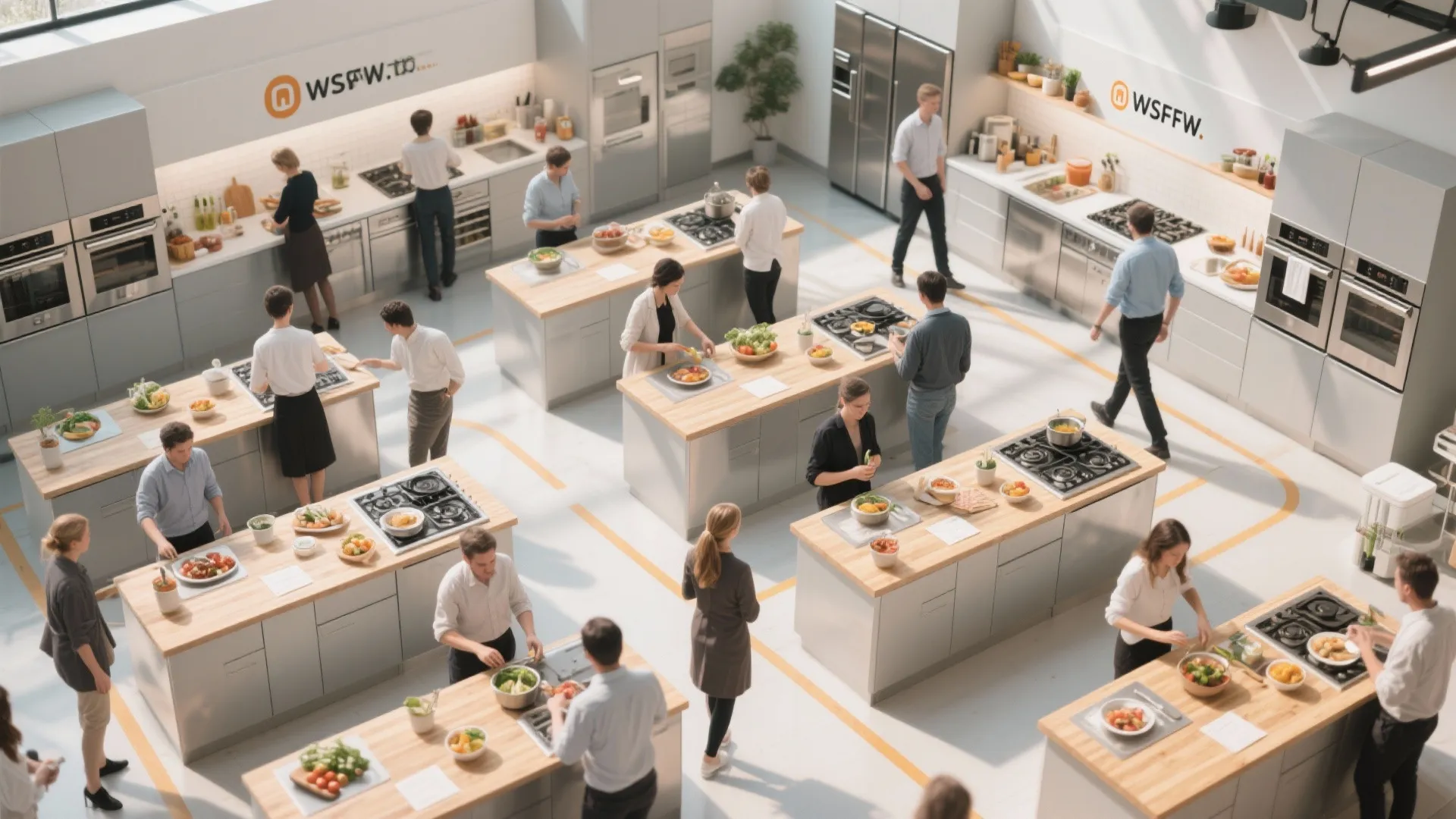 Top-down view of participants simulating cooking movement in a seminar kitchen layout