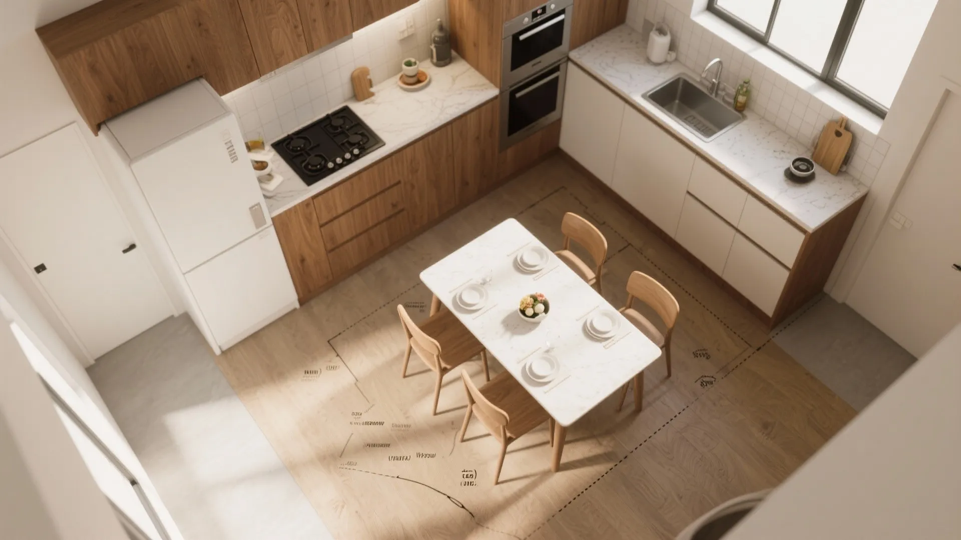 Modern kitchen with wood cabinets white dining table four chairs and a marble worktop design