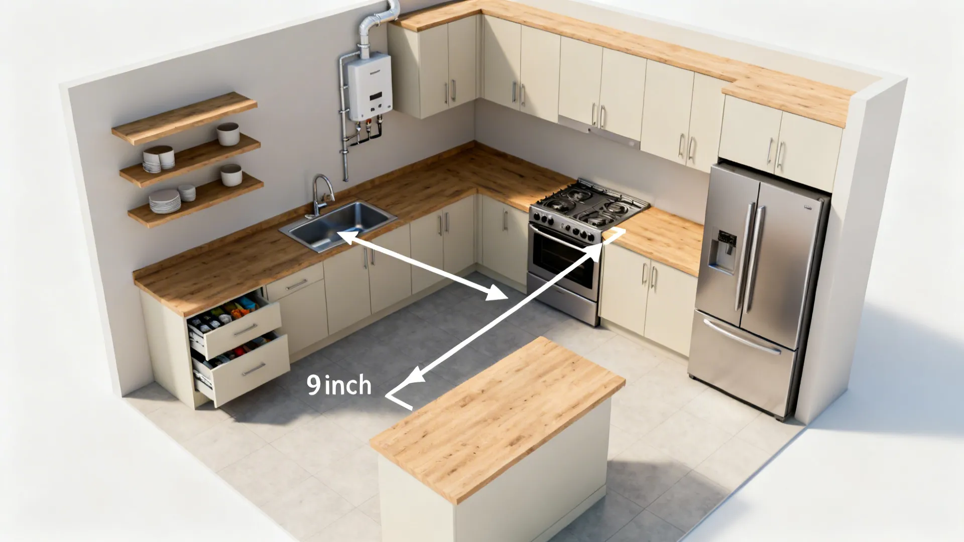 Top-down layout showing work triangle and a utilities wall with a pull-out pantry.