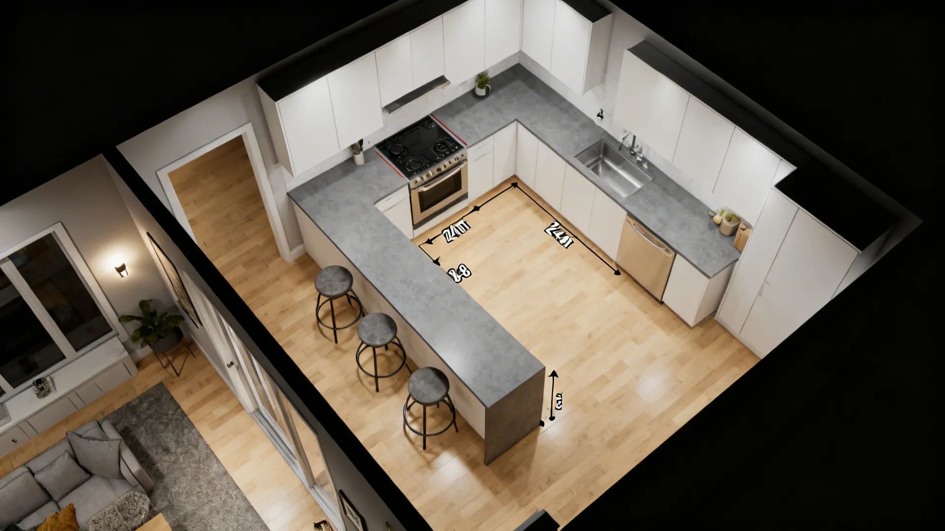 Top-down layout of an L-shaped kitchen with slim peninsula and clear aisle spacing.
