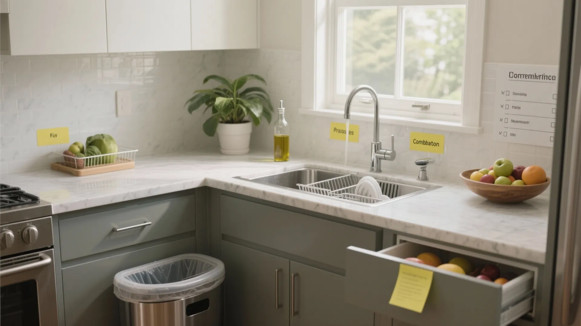 Modern kitchen with white marble countertops green cabinets silver sink trash can and a plant