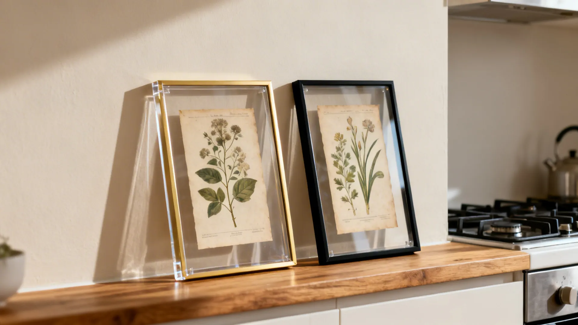 Slim acrylic-glazed frames with botanical prints on a kitchen wall.