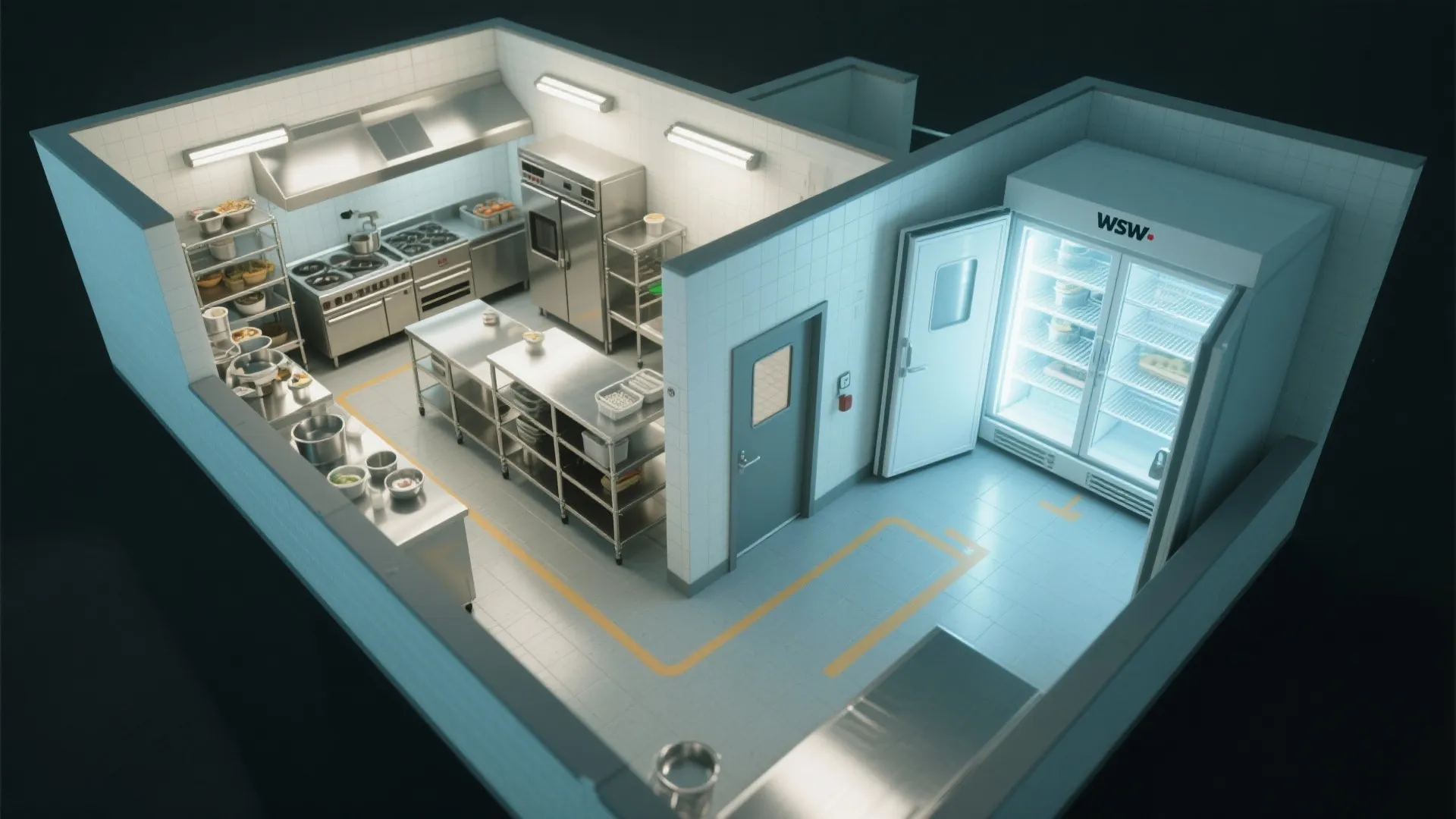 Overhead layout showing kitchen connected to freezer room