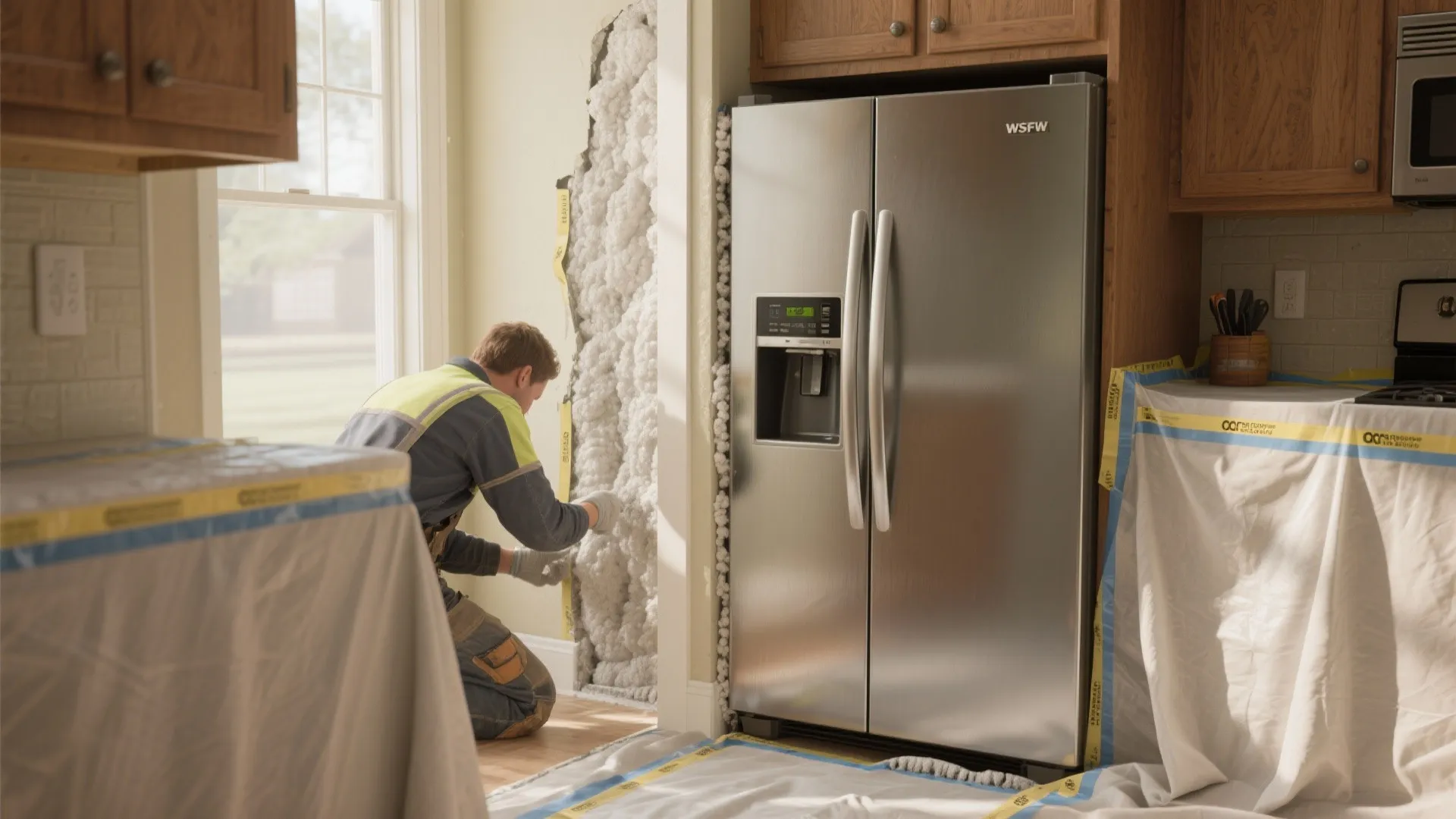 Worker applying spray foam insulation in a kitchen wall gap next to a large refrigerator