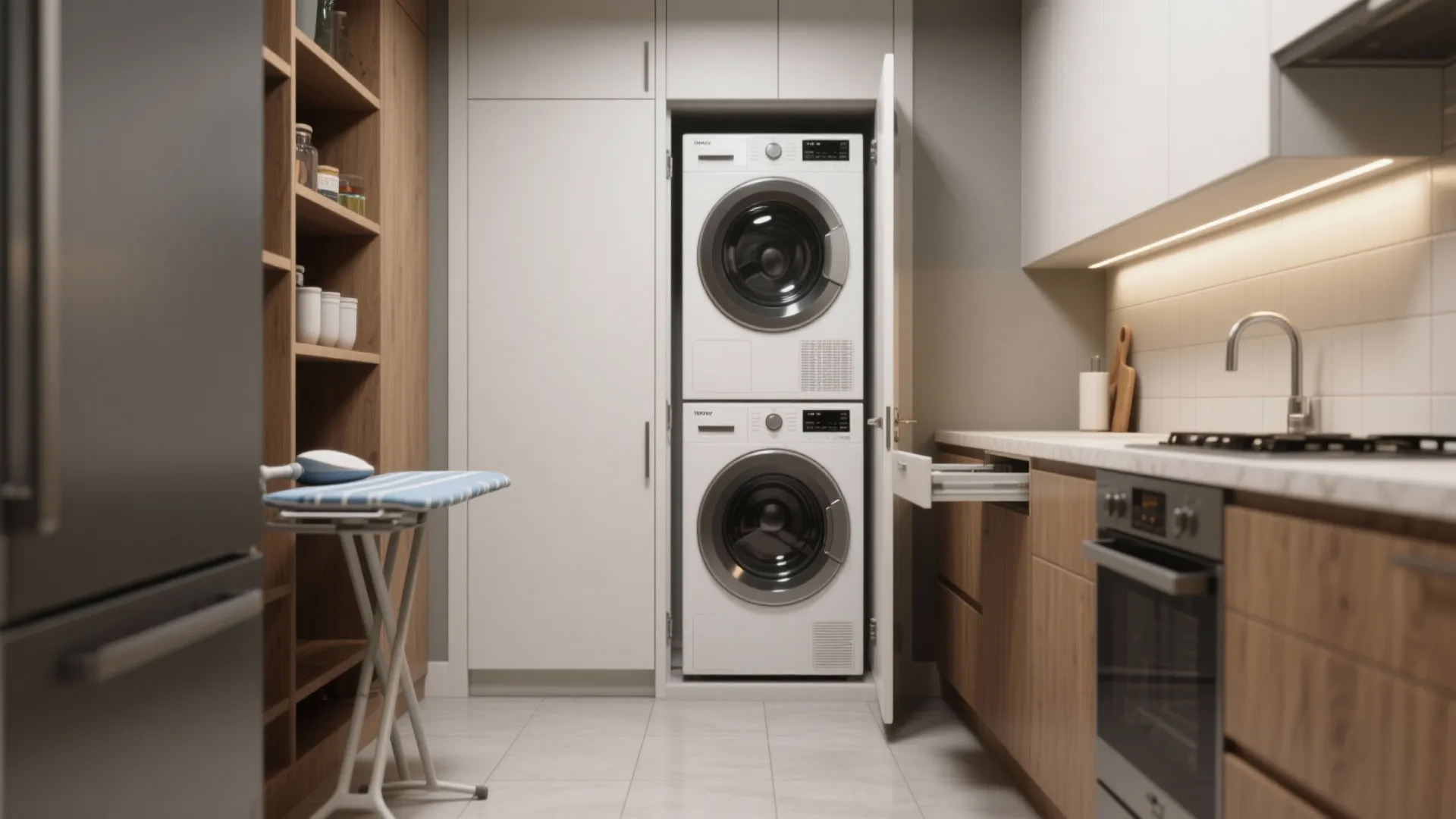 Pantry-style cabinet in a kitchen opened to reveal a stacked laundry and a pull-out ironing board.