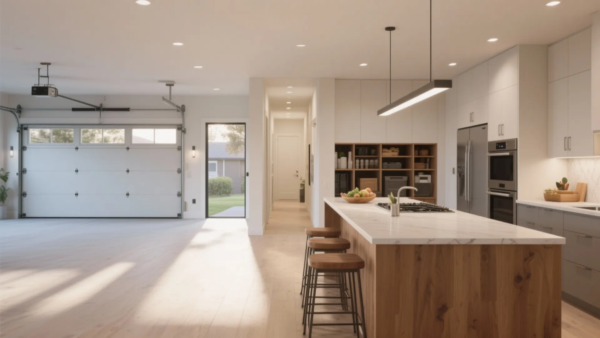 Open kitchen with island aligned to a direct garage entry sightline for efficient grocery flow.