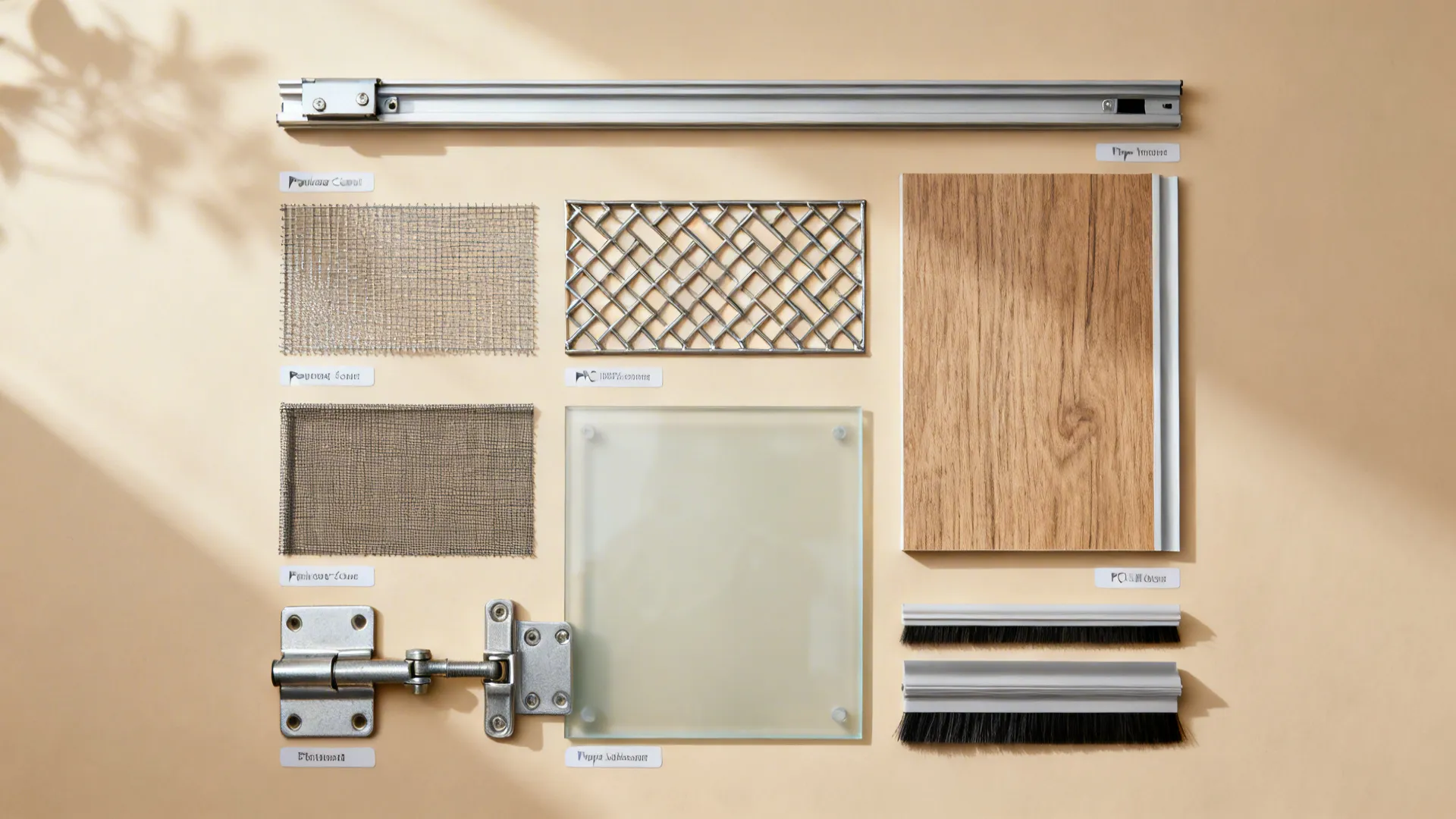 Flat lay of mesh, PVC, mild-steel lattice, frosted glass, and gate hardware samples.