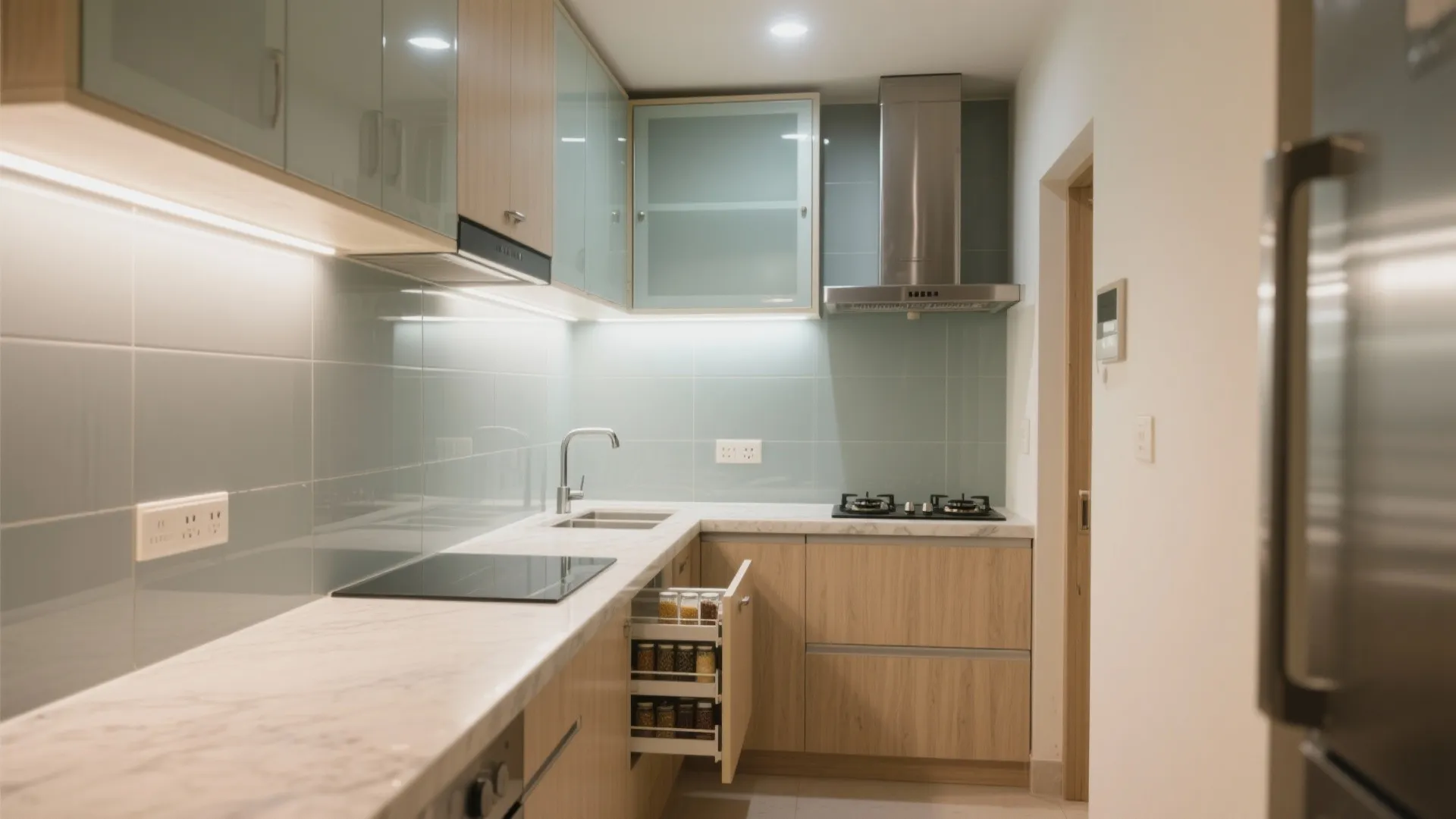 Minimalist kitchen storage with a light-loving glass backsplash