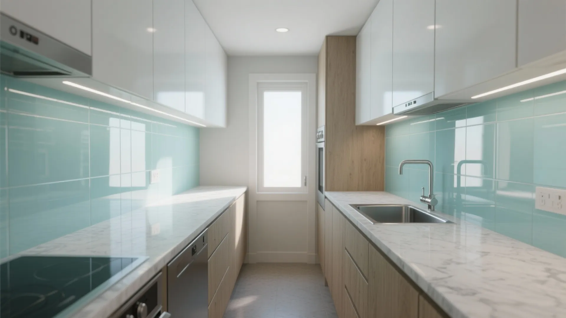 Bright small kitchen with back-painted glass backsplash, satin cabinets, and quartz counters reflecting soft daylight.