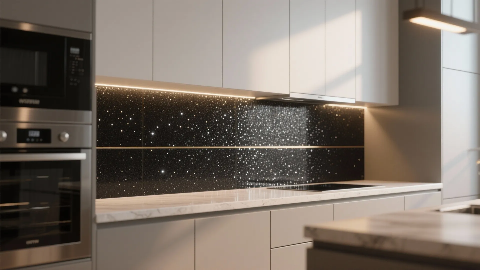 Kitchen with a slim black glitter backsplash band above the counter and minimalist cabinetry.