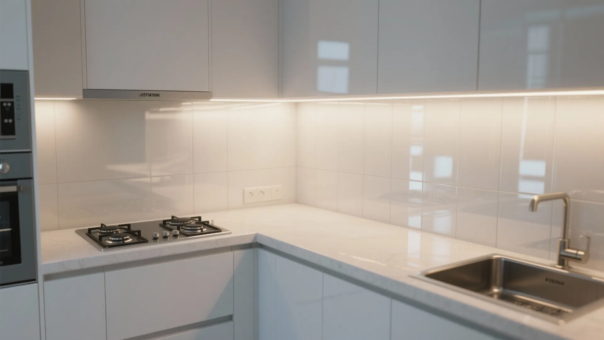 High-Gloss PVC Backsplash in Compact Kitchens