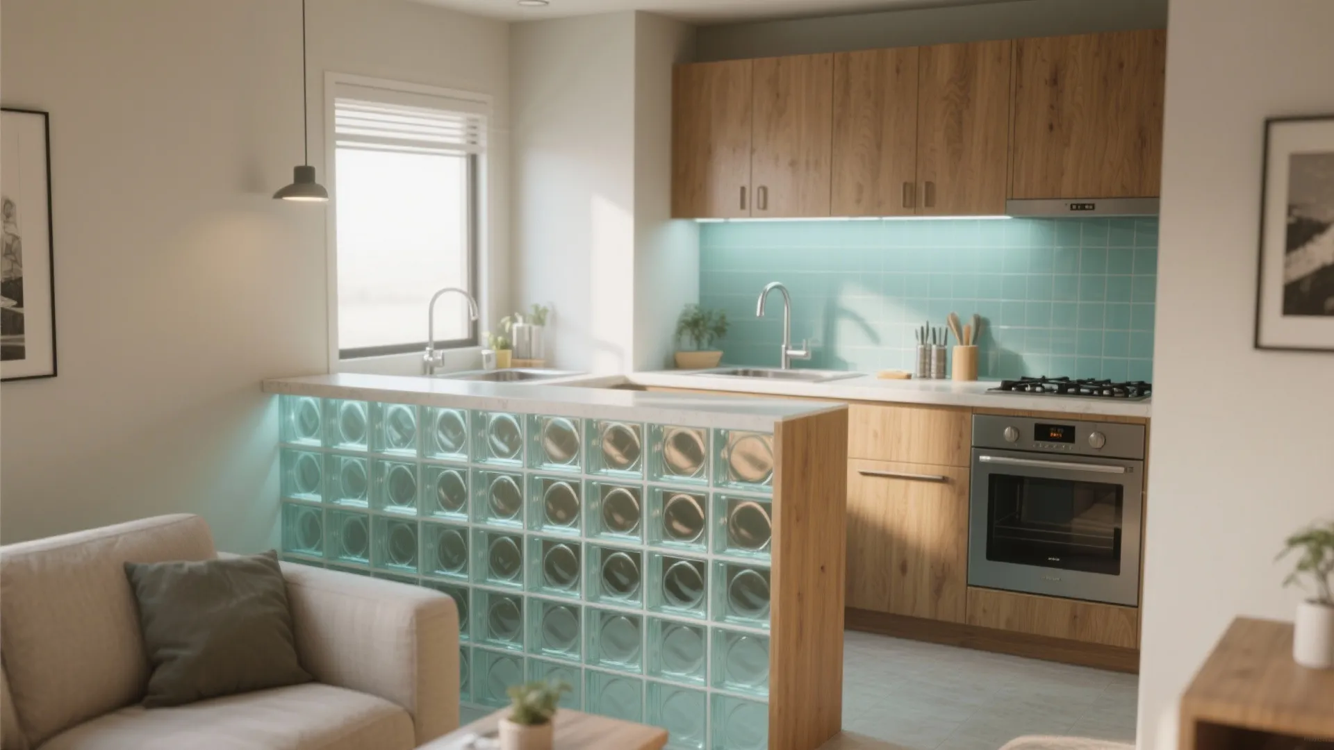 Modern kitchen with wood cabinets light blue tiles and a glass block island counter design