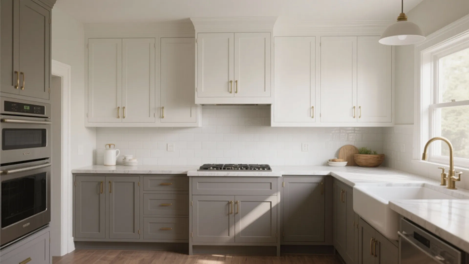 Kitchen showing warm gray lower cabinets and crisp white upper cupboards with brass hardware and bright backsplash.