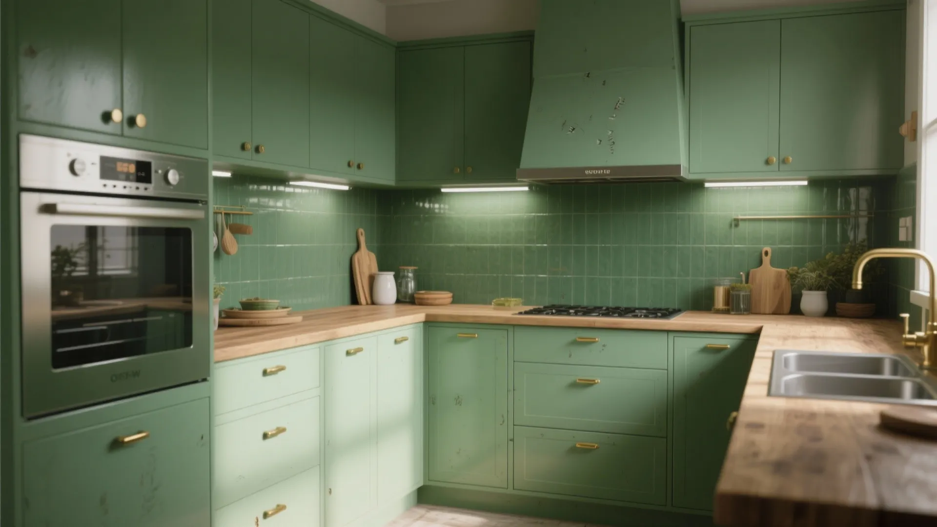 Kitchen with green lower cabinets and semi-gloss backsplash, wooden counters and brass hardware for practical, cleanable finish.