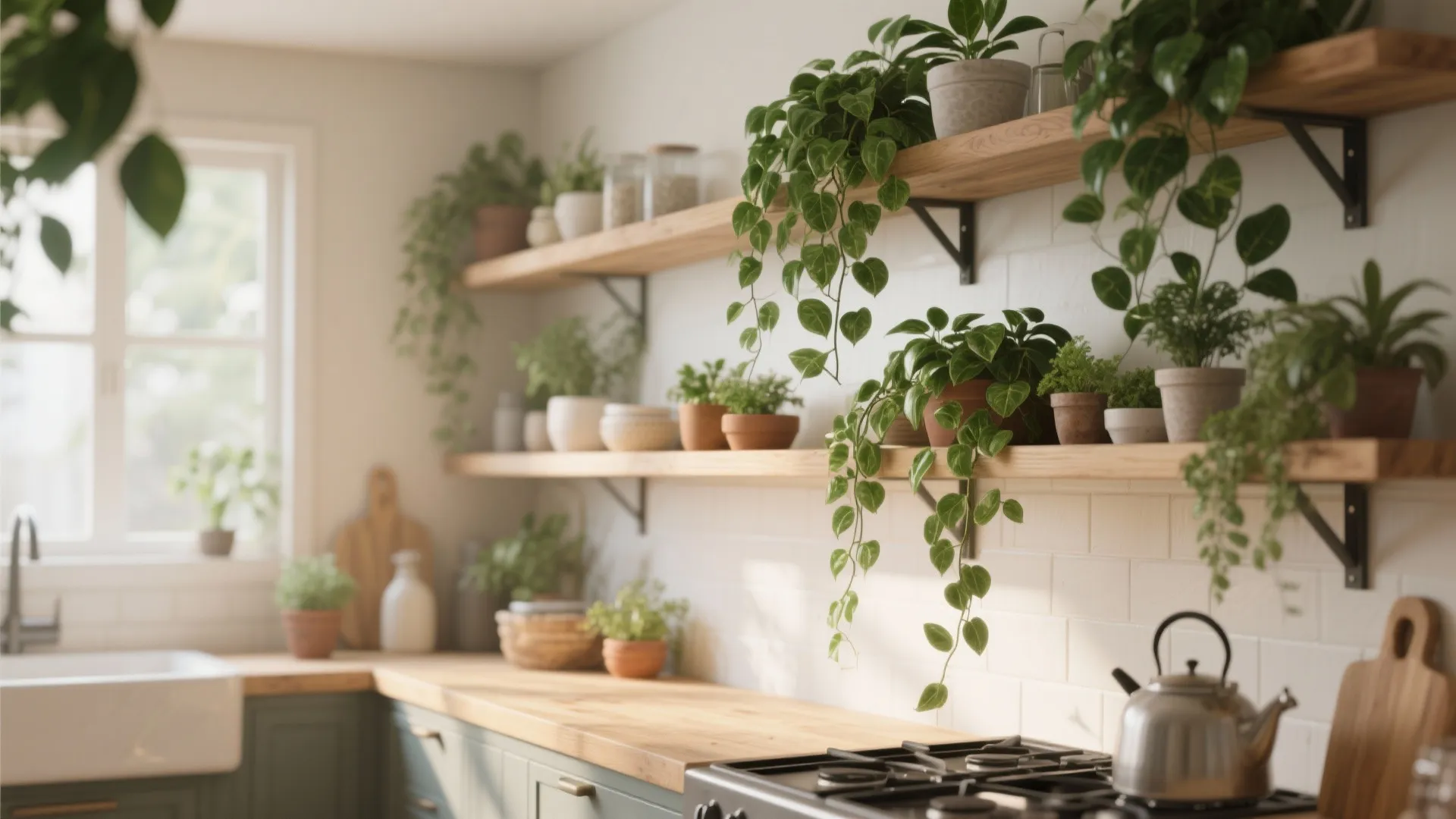 Bright kitchen with green plants on wooden shelves, white tile wall, and stainless steel kettle