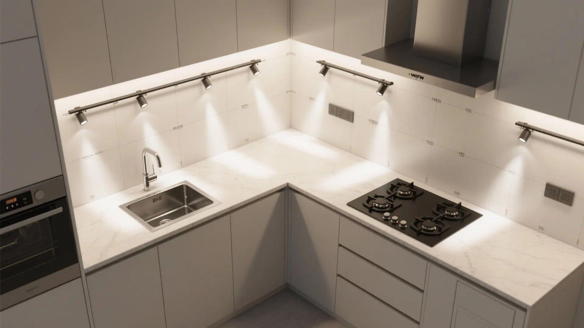 Linear “street grid” lighting over kitchen counters