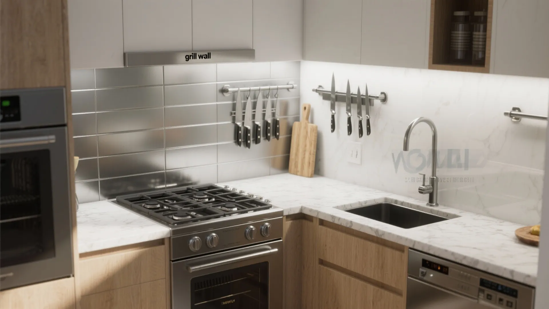 Modern kitchen with wood cabinets white marble countertop gas stove silver sink and knife rack