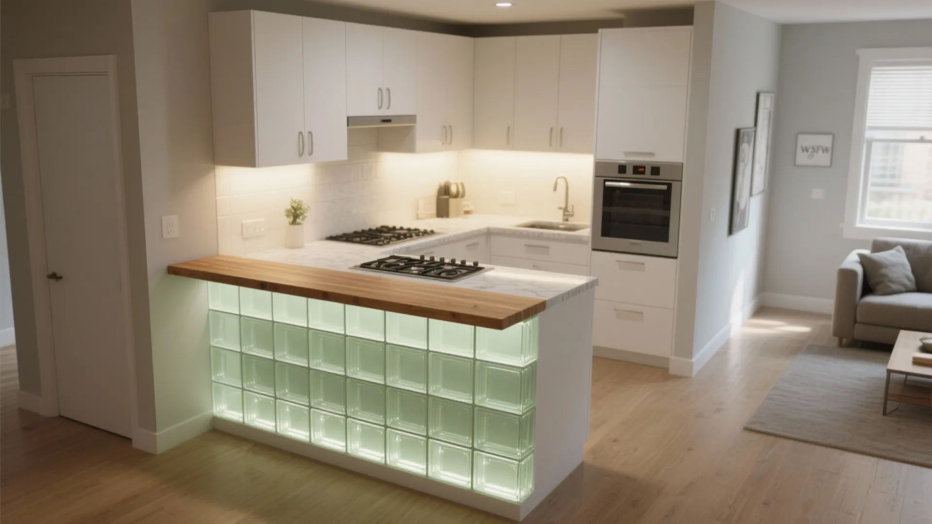 Modern white kitchen featuring a glass block half wall island with wood top and stove