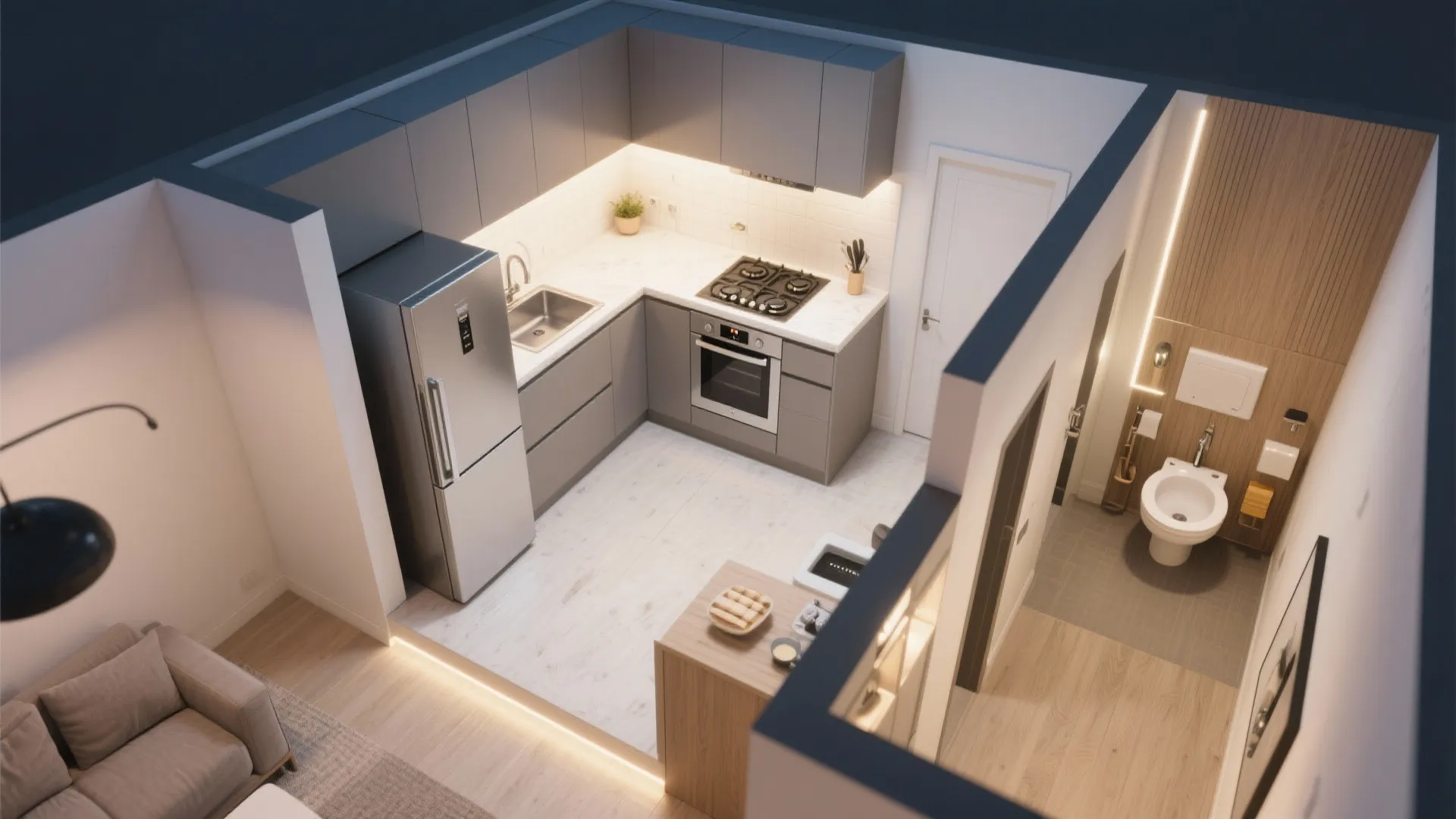 2. Stack functions in the kitchen and half-bath